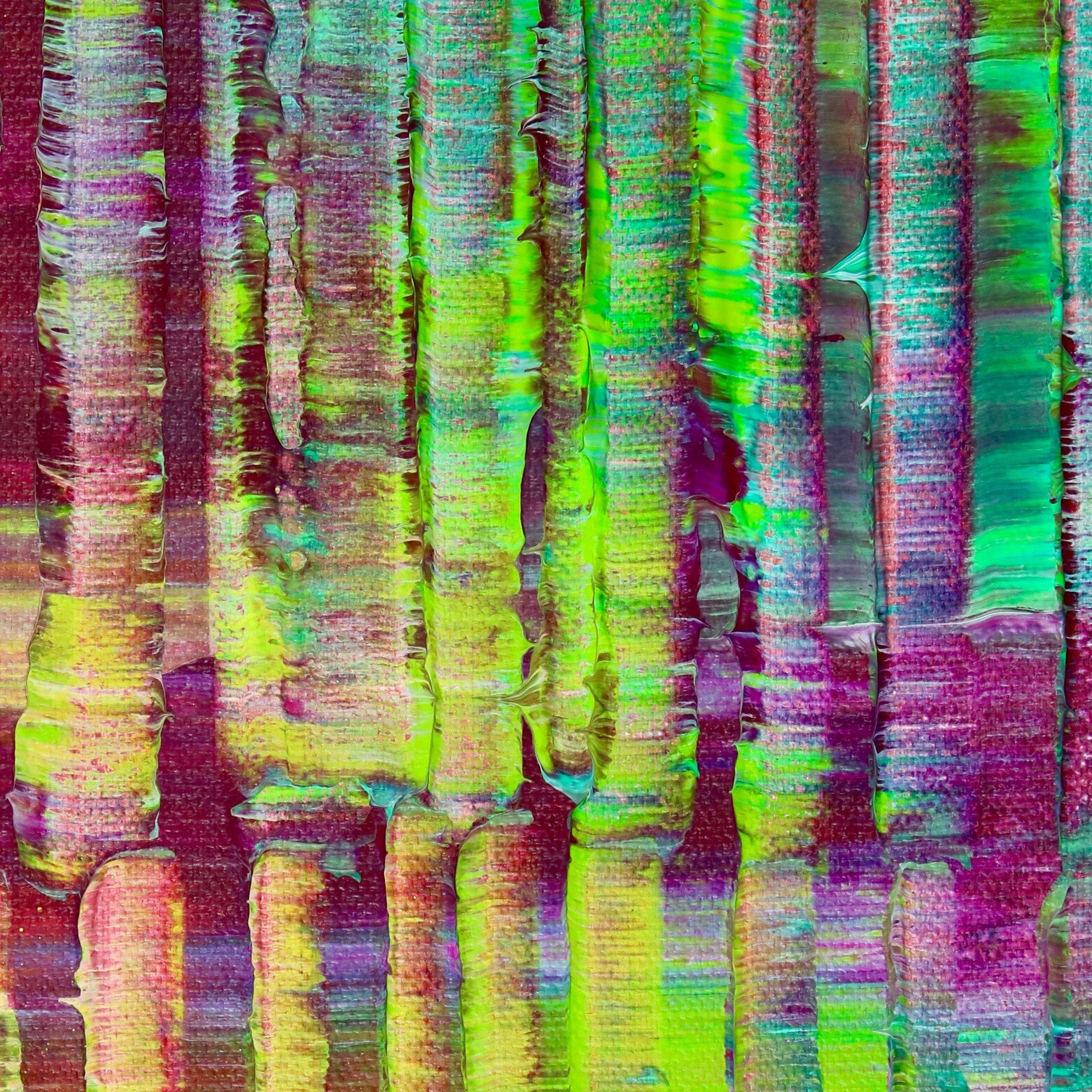 Vibrant contemporary abstract with bright color palette and ridges. Pink, purple, many shades of green, yellow, and crimson. This painting arrives mounted in a wooden frame, ready to hang. Signed in front.    I include a certificate of authenticity