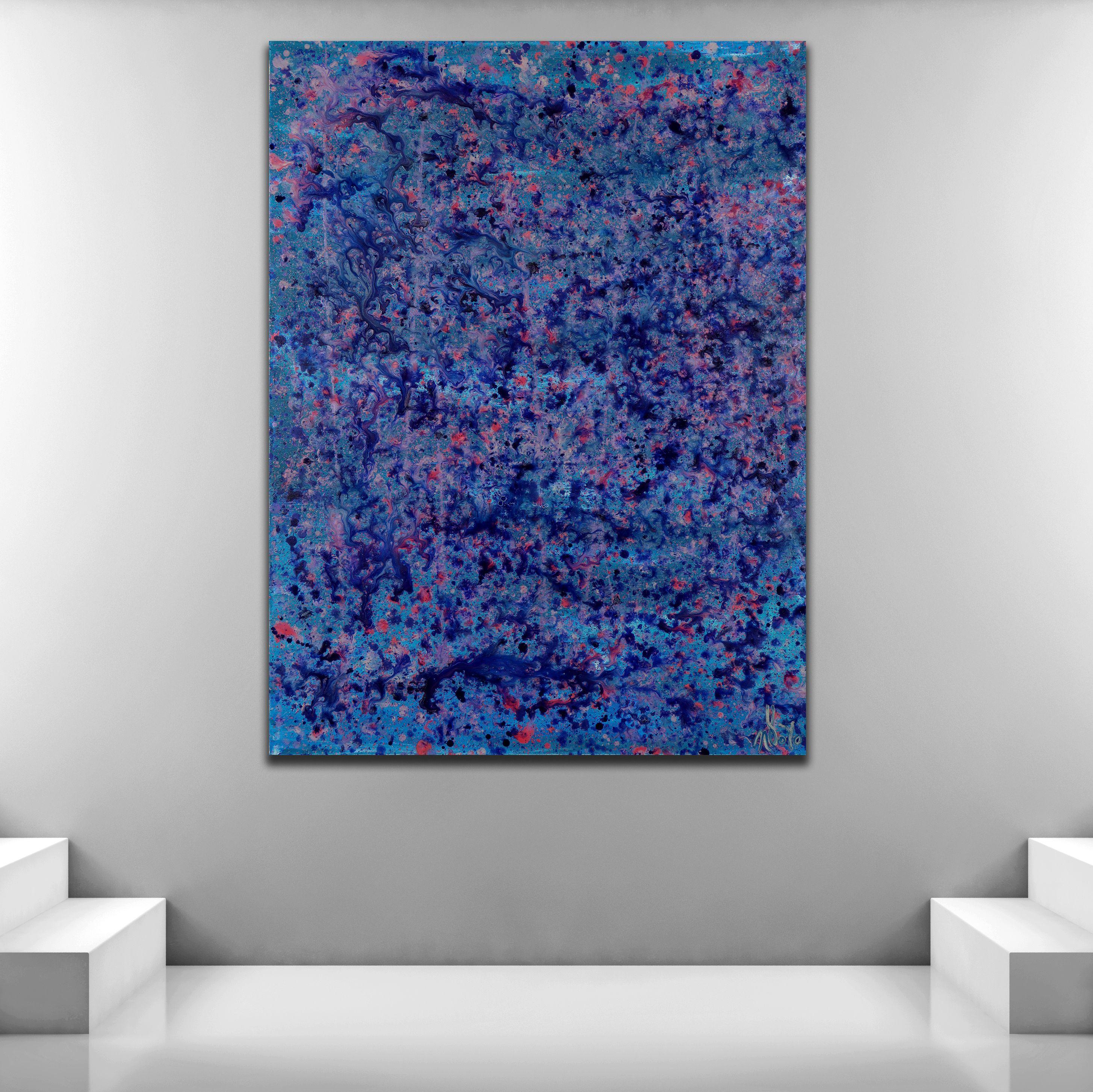 Passionate abstract expressionistic action painting inspired by Pollock. Layers of paint, Purple, iridescent purple , Prussian blue and silver. Large statement artwork. Signed on the front of the second canvas.    This artwork is in deep edge