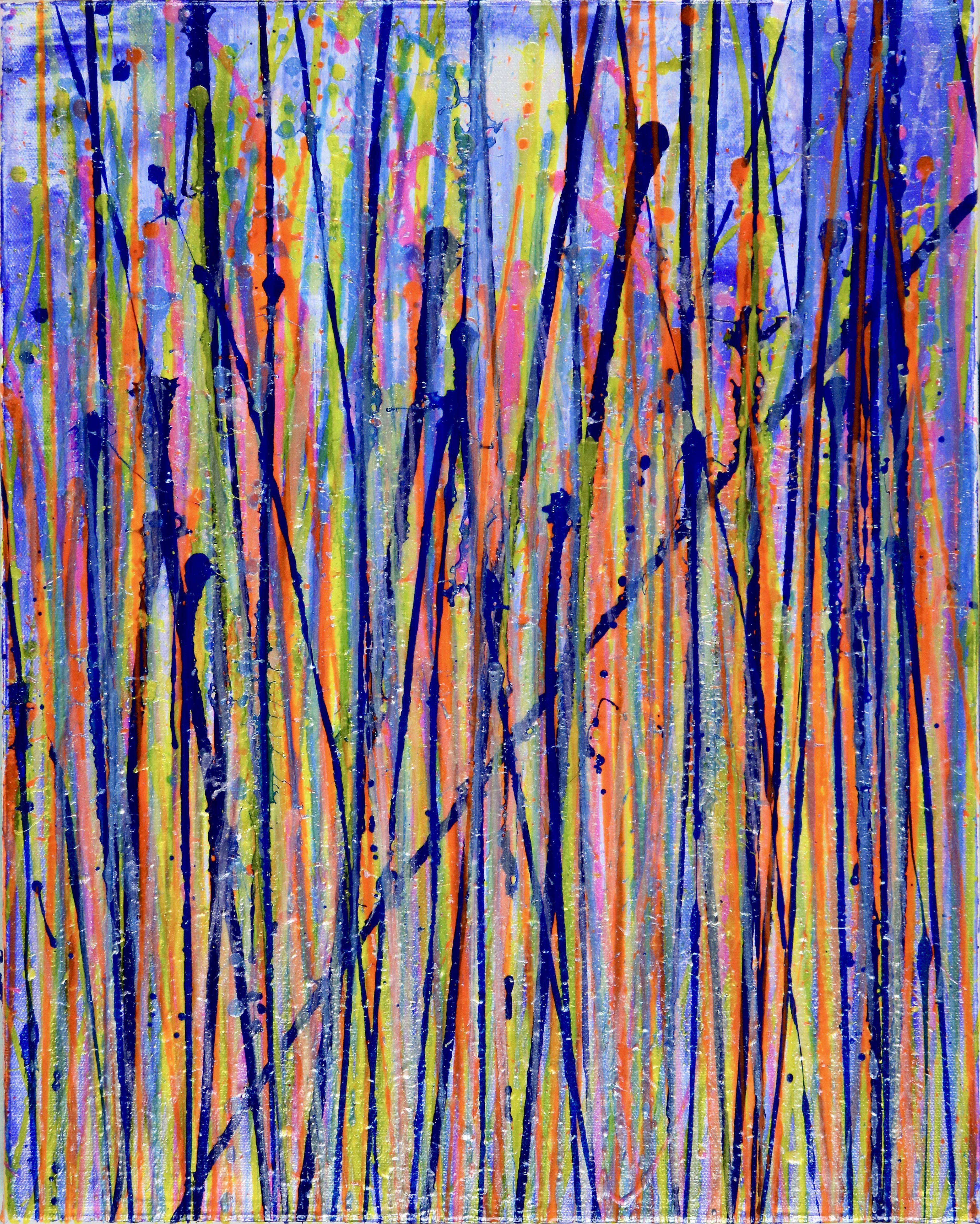 Drei Leinwände mit tiefem Rand (Galerieprofil), jeweils 16 B x 20 H x 1,5 Zoll.    Ausdrucksstarke moderne abstrakte, mutige voller Leben, Glanz und Schimmer! inspiriert von der Natur, viele durchscheinende Farben kombiniert mit Glimmerpartikeln.