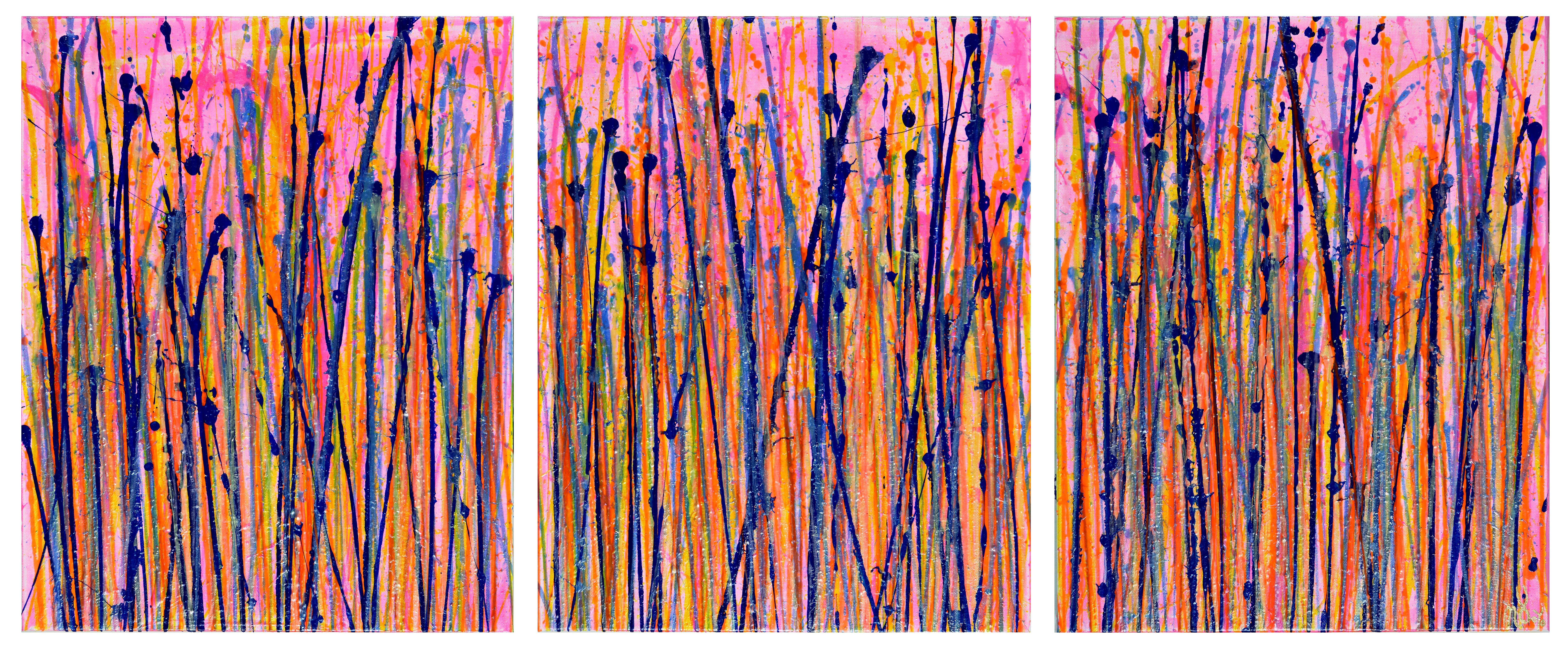 Drei Leinwände mit tiefem Rand (Galerieprofil), jeweils 16 B x 20 H x 1,5 Zoll. Hängefertig.    Ausdrucksstarke moderne abstrakte, mutige voller Leben, Glanz und Schimmer! inspiriert von der Natur, viele durchscheinende Farben kombiniert mit