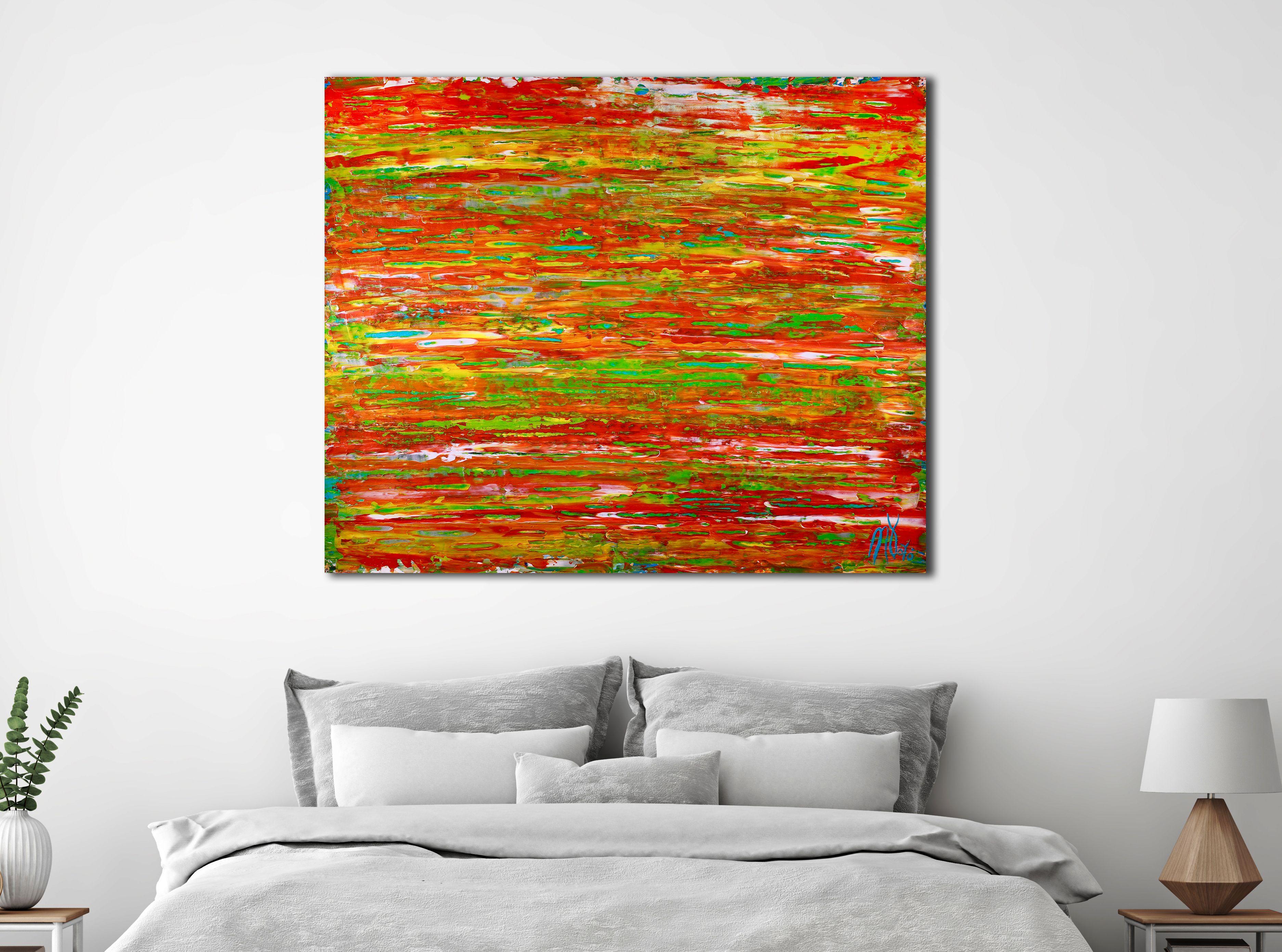 Audace combinazione di colori di un'opera d'arte astratta espressionista, con molte sfumature di arancione, giallo, verde e alcune tonalità di verde acqua e argento.    ASTRATTI ORIGINALI DI PREGIO - UNICI NEL LORO GENERE!  Realizzo solo opere