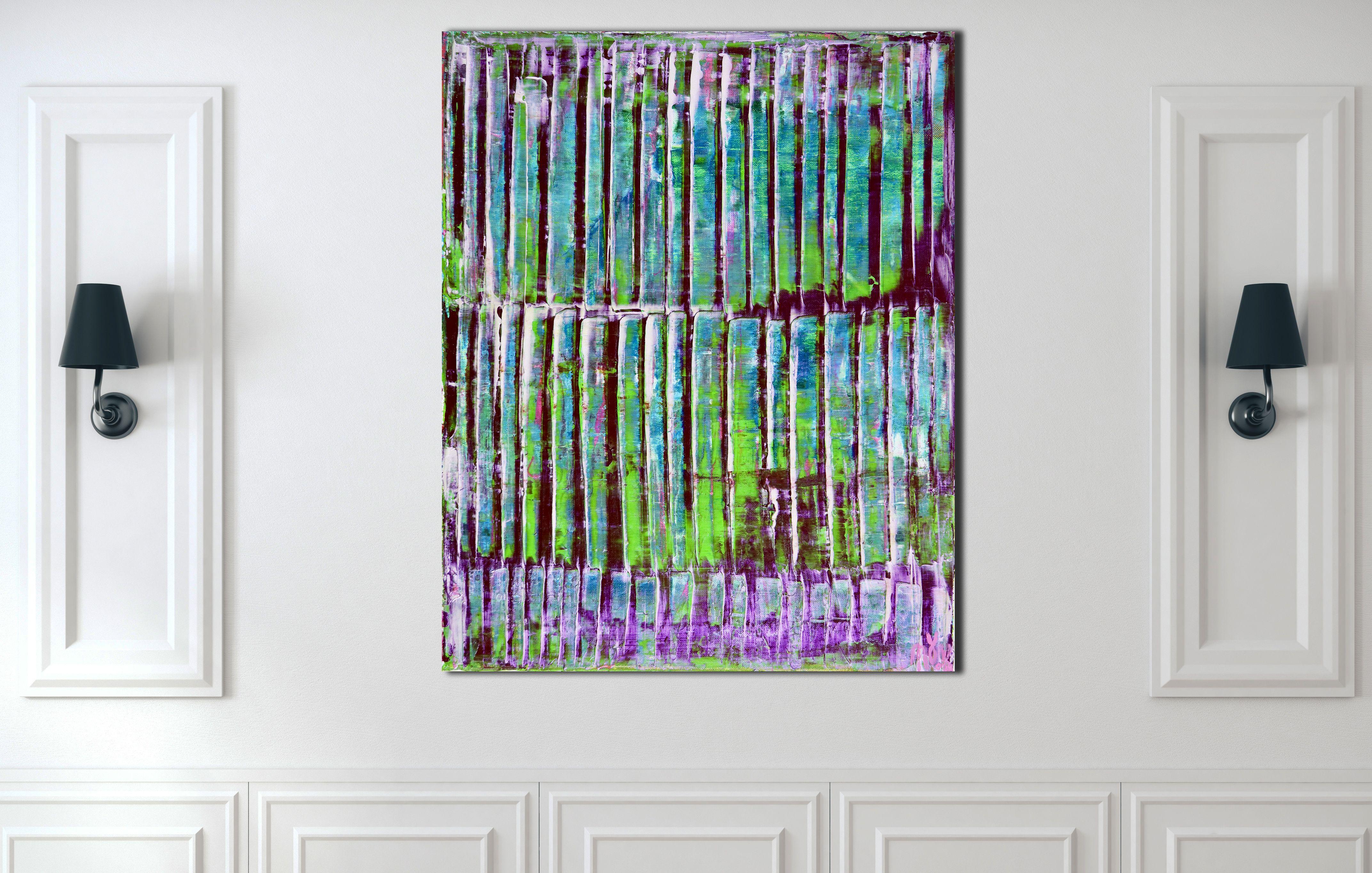 Acrylic on canvas  Ready to hang abstract    Abstract colorfield with bold texture and shapes. Green, turquoise, teal, blue and purple with iridescent purple... lots of light. This painting arrives mounted in a wooden canvas, sides painted, signed