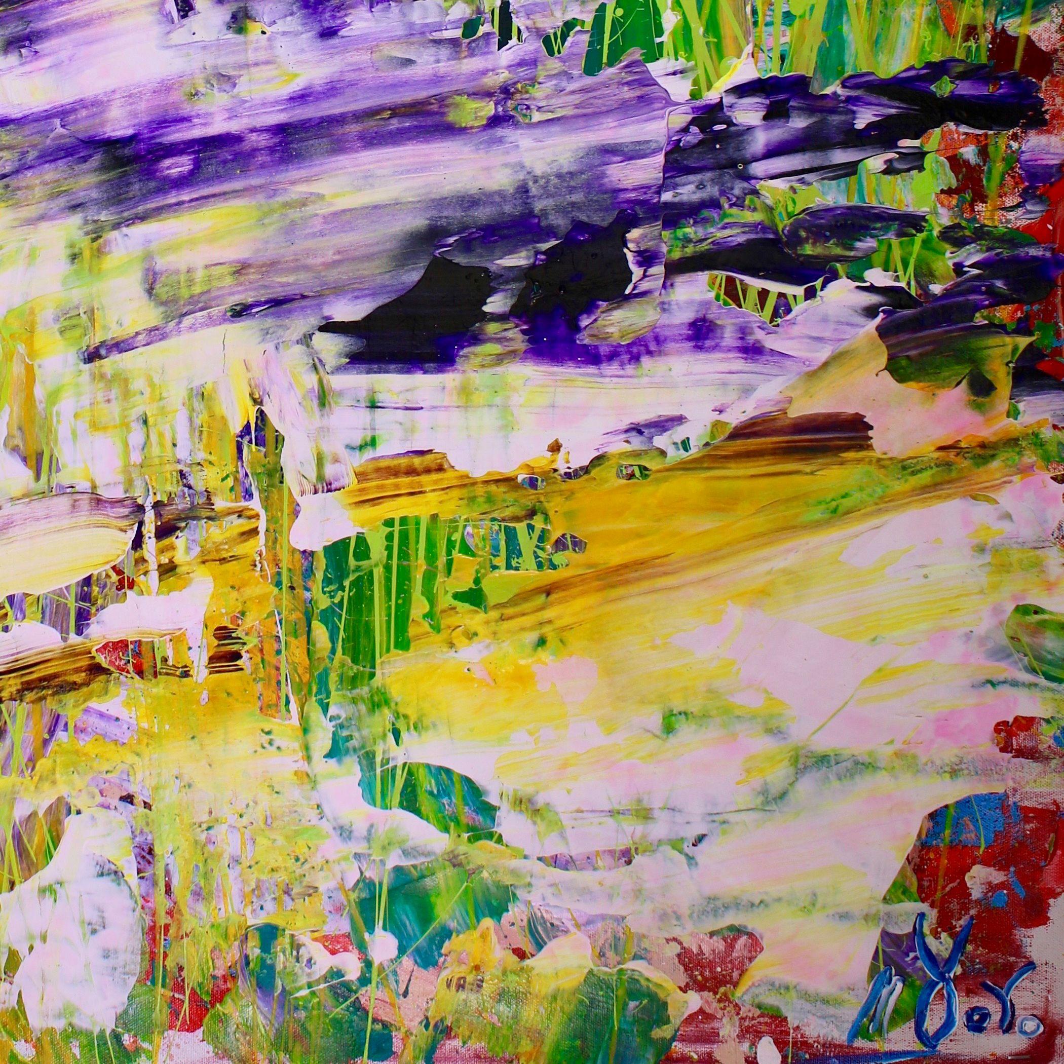 Campi di colore astratti, motivi organici e gocciolamenti! Opere d'arte multicolore, rosso, viola, giallo, blu, verde e molti altri colori! Firmato. I primi lavori del 2017.     Quest'opera è stata creata su una tela sfusa di alta qualità e viene