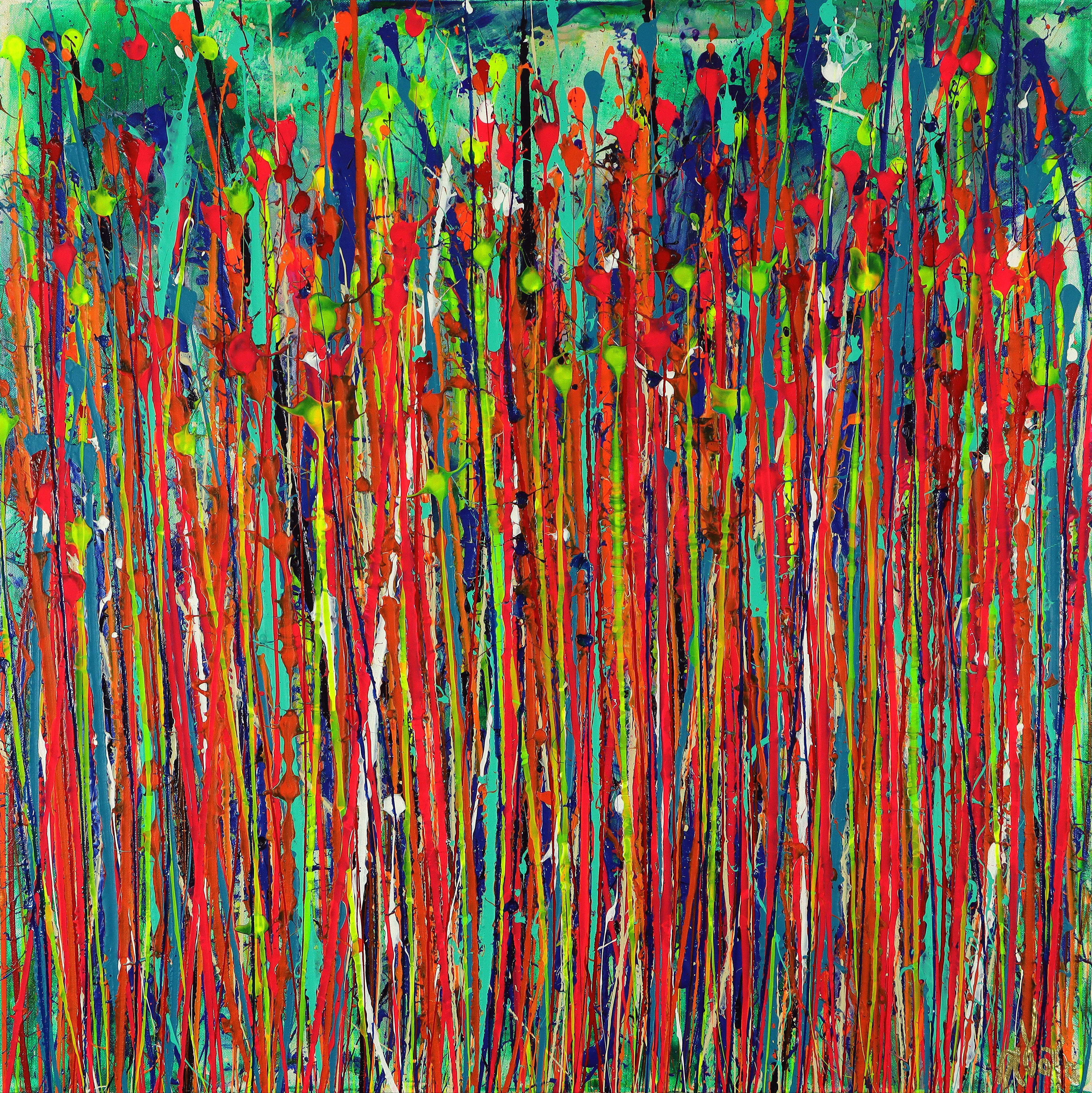 Expressive modern fiery abstract, bold full of life, gloss and shimmer! inspired by nature, many of bright tones combined with mica particles and iridescent drizzles over vibrant green. Ready to hang and signed.    I include a certificate of