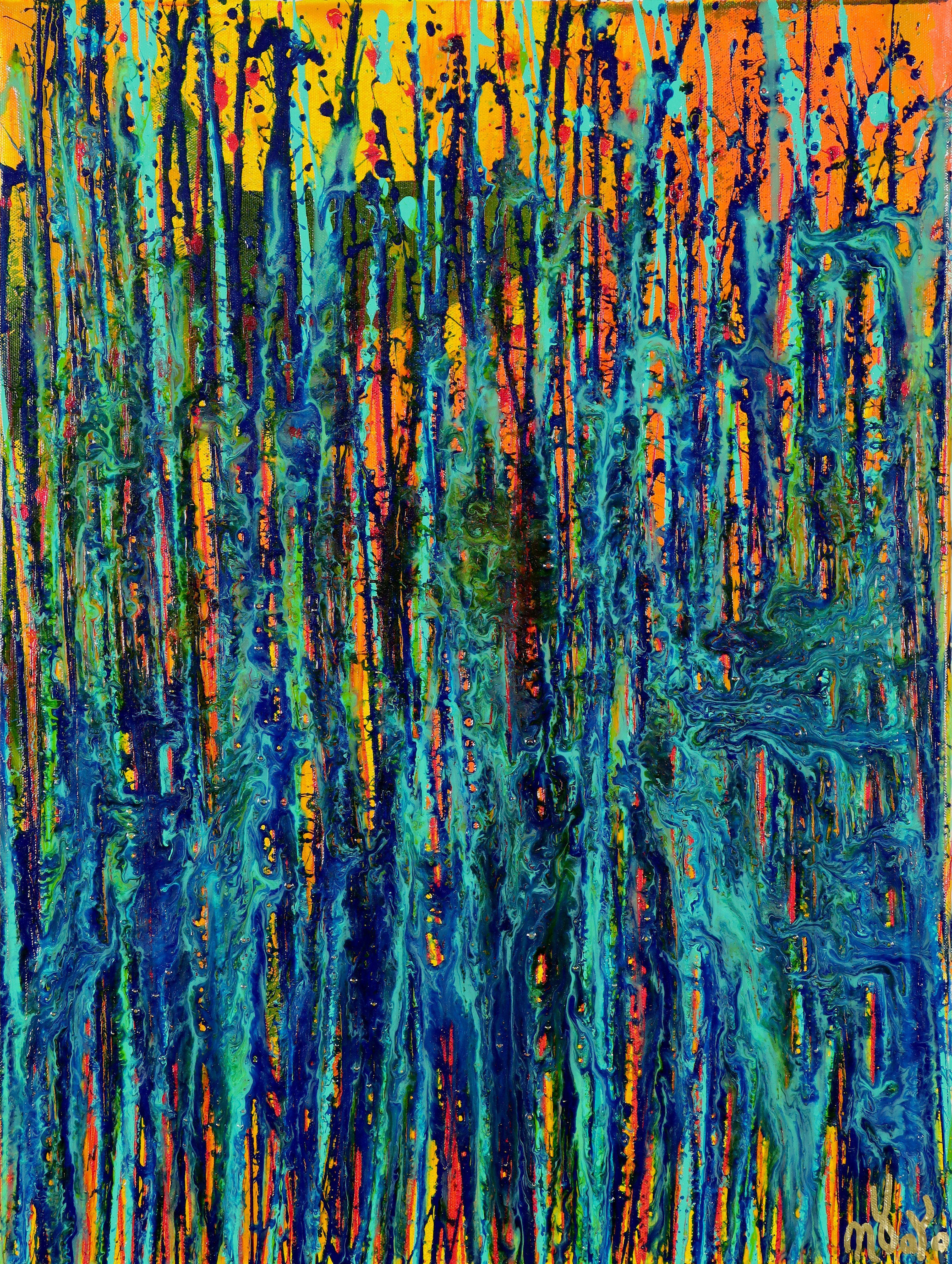 This radiant modern abstract was created blending iridescent drizzles of acrylic paint in random yet calming pattern.    A color palette of turquoise, blues, yellow over orange, most colors mixed with mica for reflectivity and depth.    This