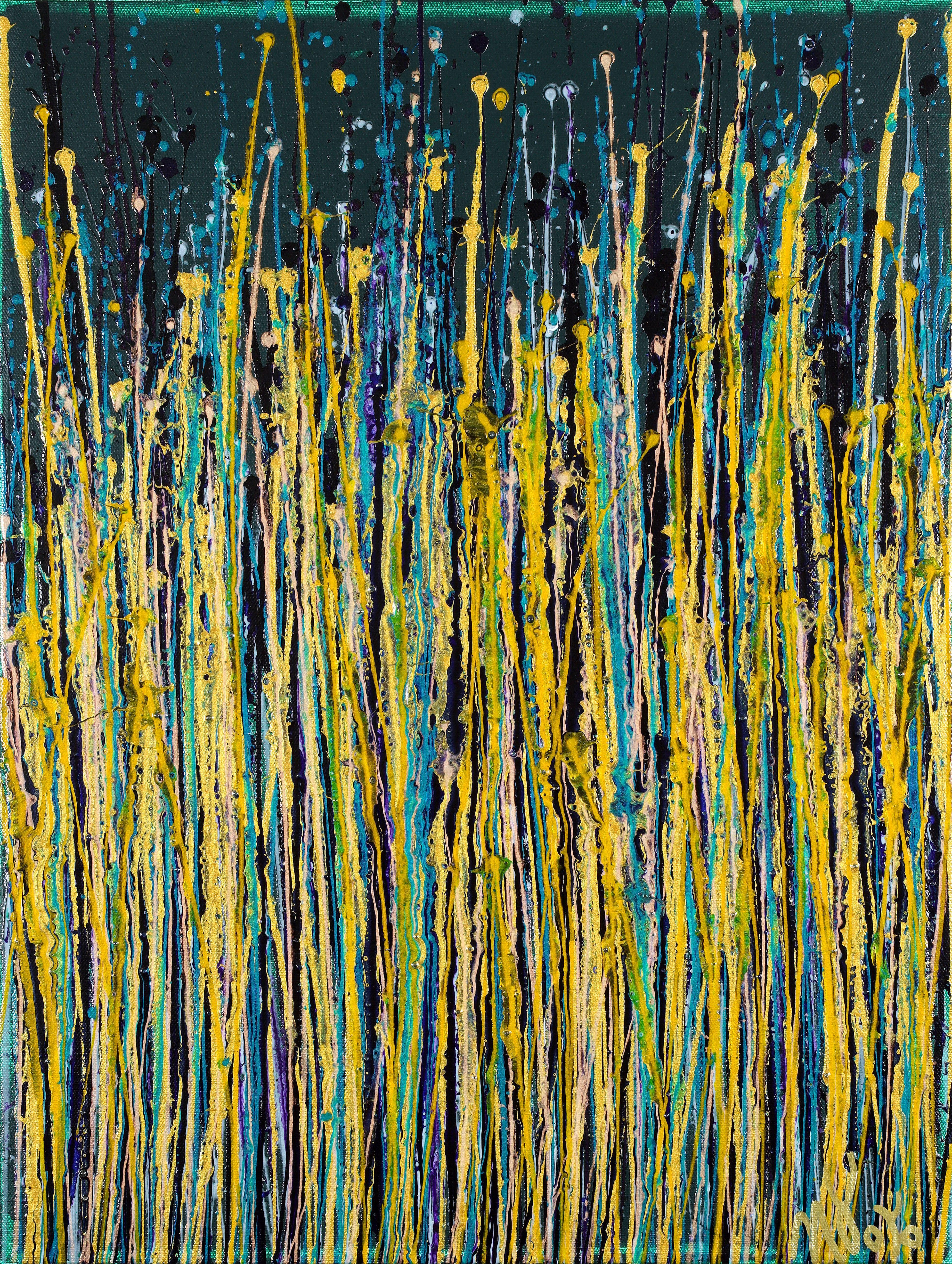 This radiant modern abstract was created blending iridescent drizzles of acrylic paint in random yet calming pattern. A color palette of gold, yellow, turquoise, light blue over dark green, most colors mixed with mica for reflectivity and depth.