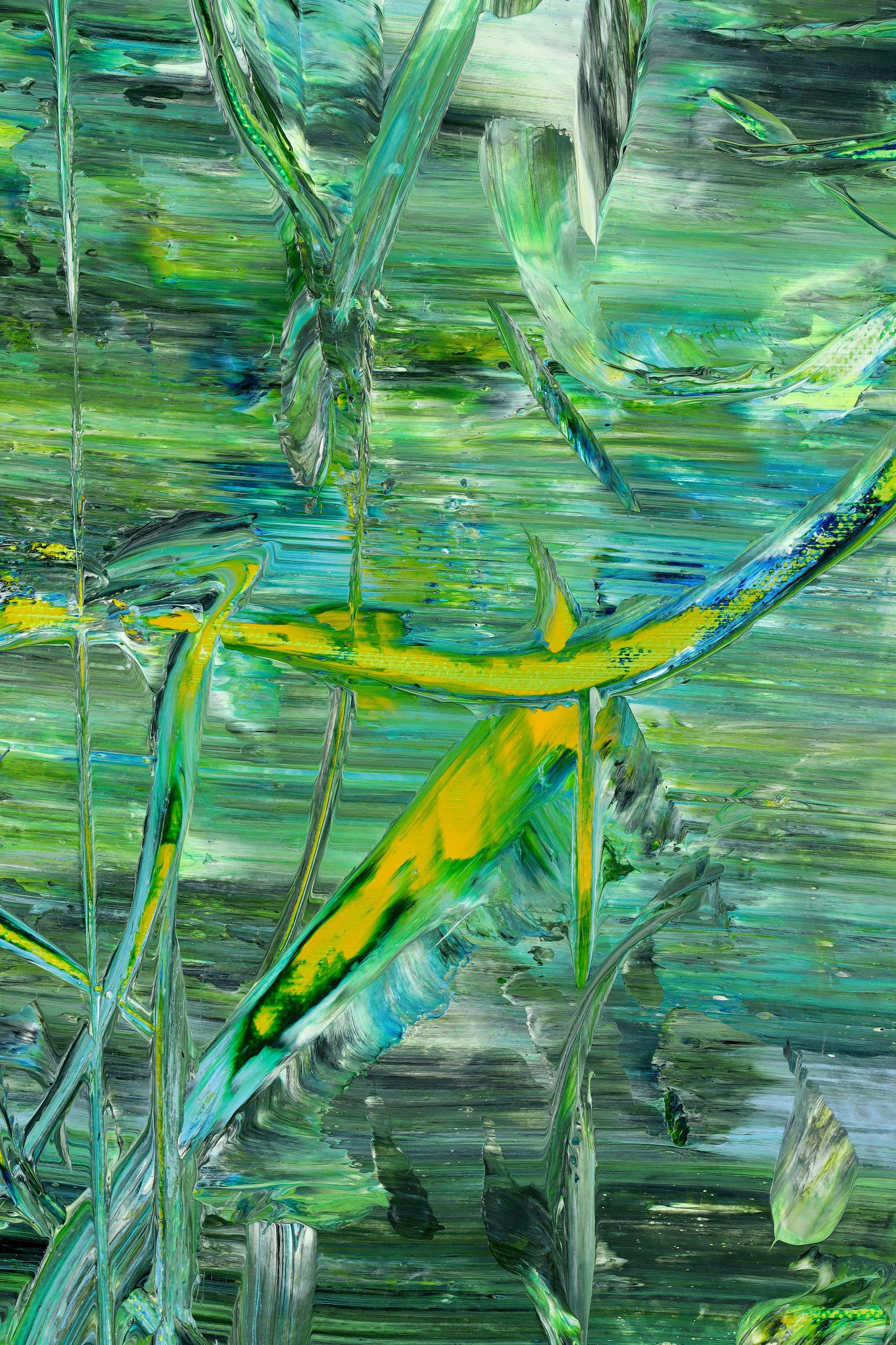 Inspirado en el follaje amazónico, mucho verde y un dinámico trabajo de espátula.    Vibrante pintura forestal creada por capas y mezclas de capas de amarillo pálido, azules con una capa blanca y sutiles detalles verdes. Thia es realmente una pieza