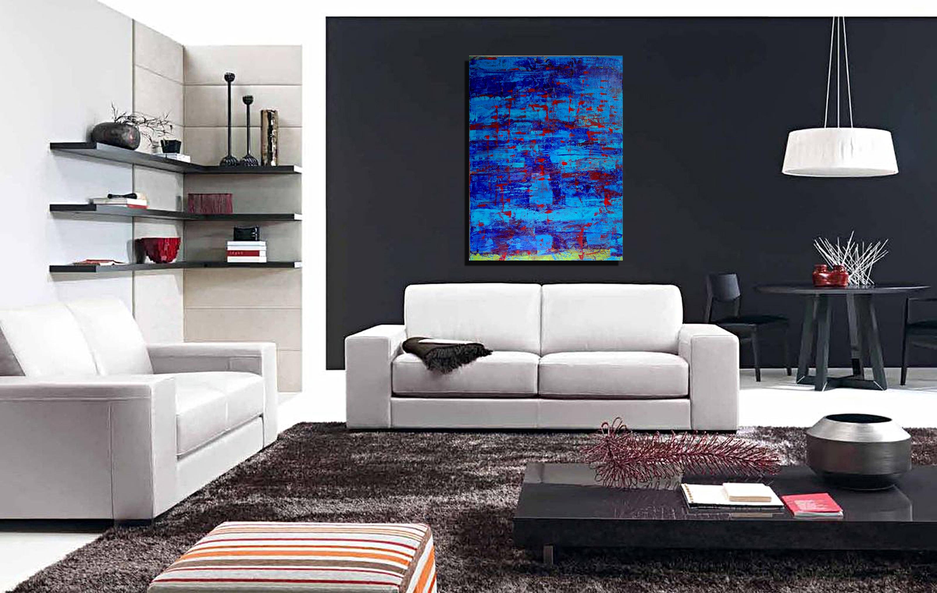 Thick layered colorfield piece with many vibrant shades of blue, purple and gestural red paint strikes. High quality acrylics and UV gloss enamel protected.   :: Painting :: Abstract :: This piece comes with an official certificate of authenticity