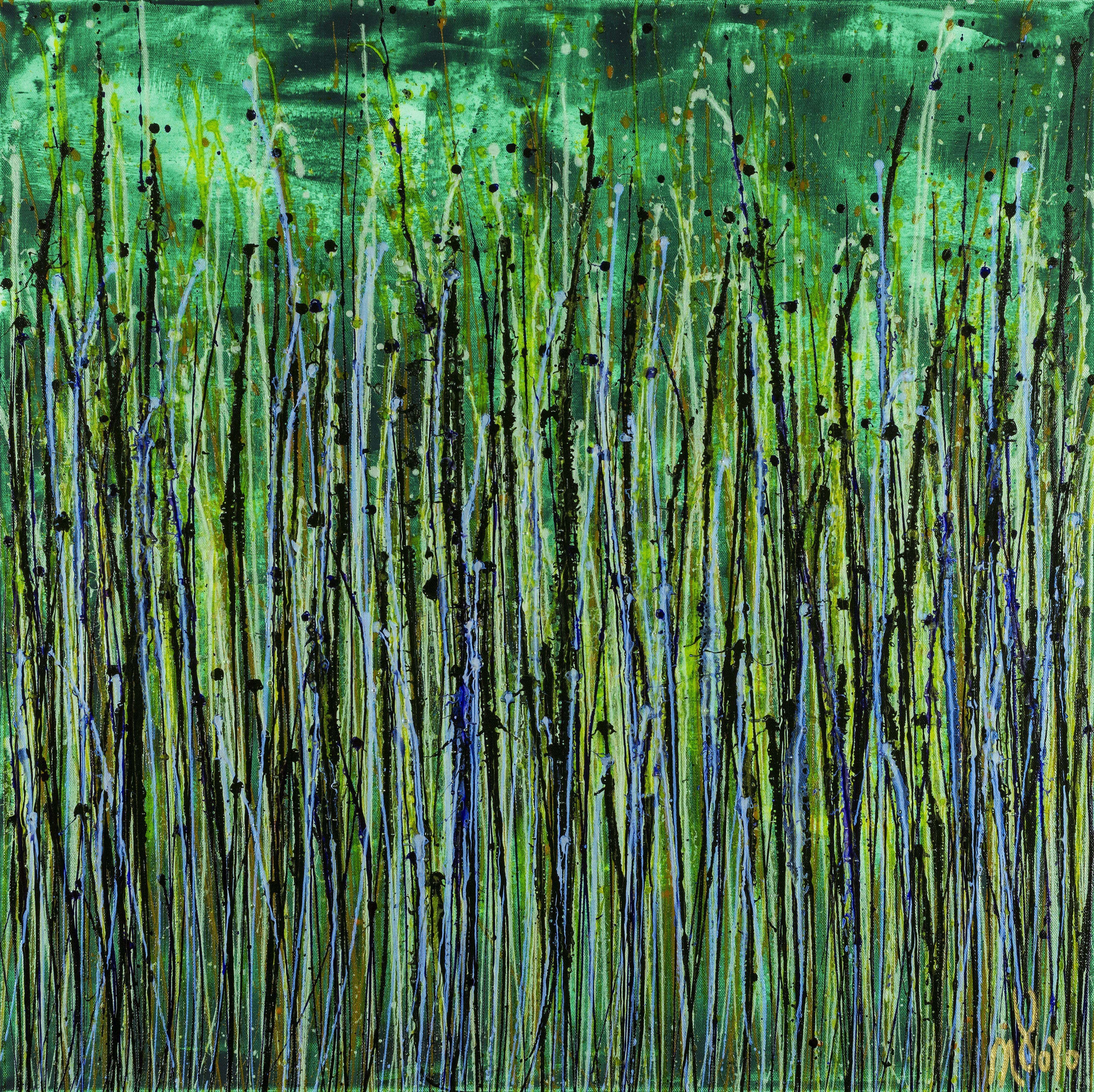 Modern iridescent abstract artwork with many dynamic drizzles and drips over deep green and background. Signed in front.    Ready to hang.    I include a certificate of authenticity that lists the materials as well as when the painting was
