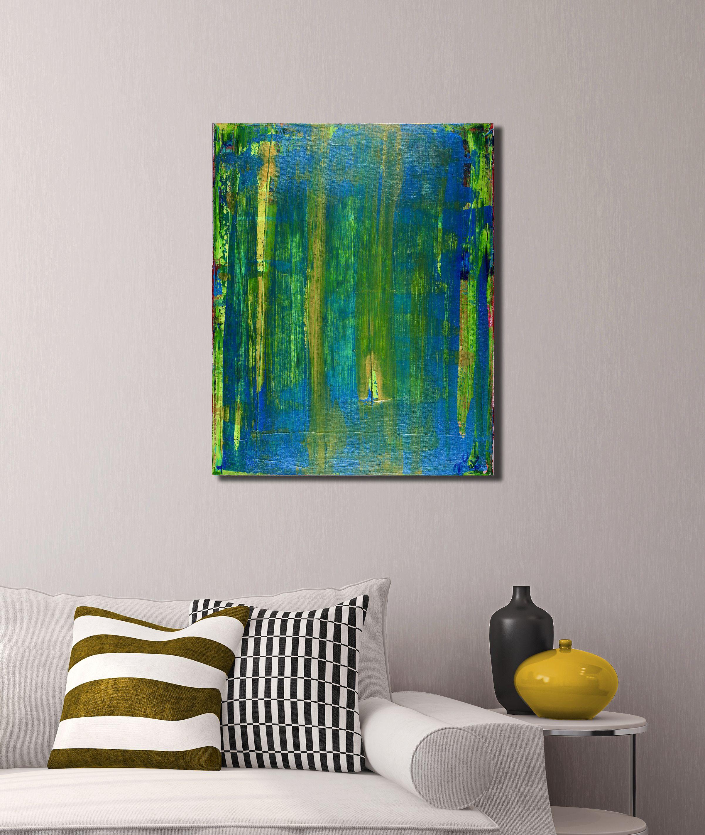 Quadro astratto contemporaneo in acrilico con molti colori sfumati, contrasti e dettagli. Ha lavorato con molti strati di gesso per preparare la tela e poi ha applicato i colori acrilici con spatole e spatole, creando texture e forme molto