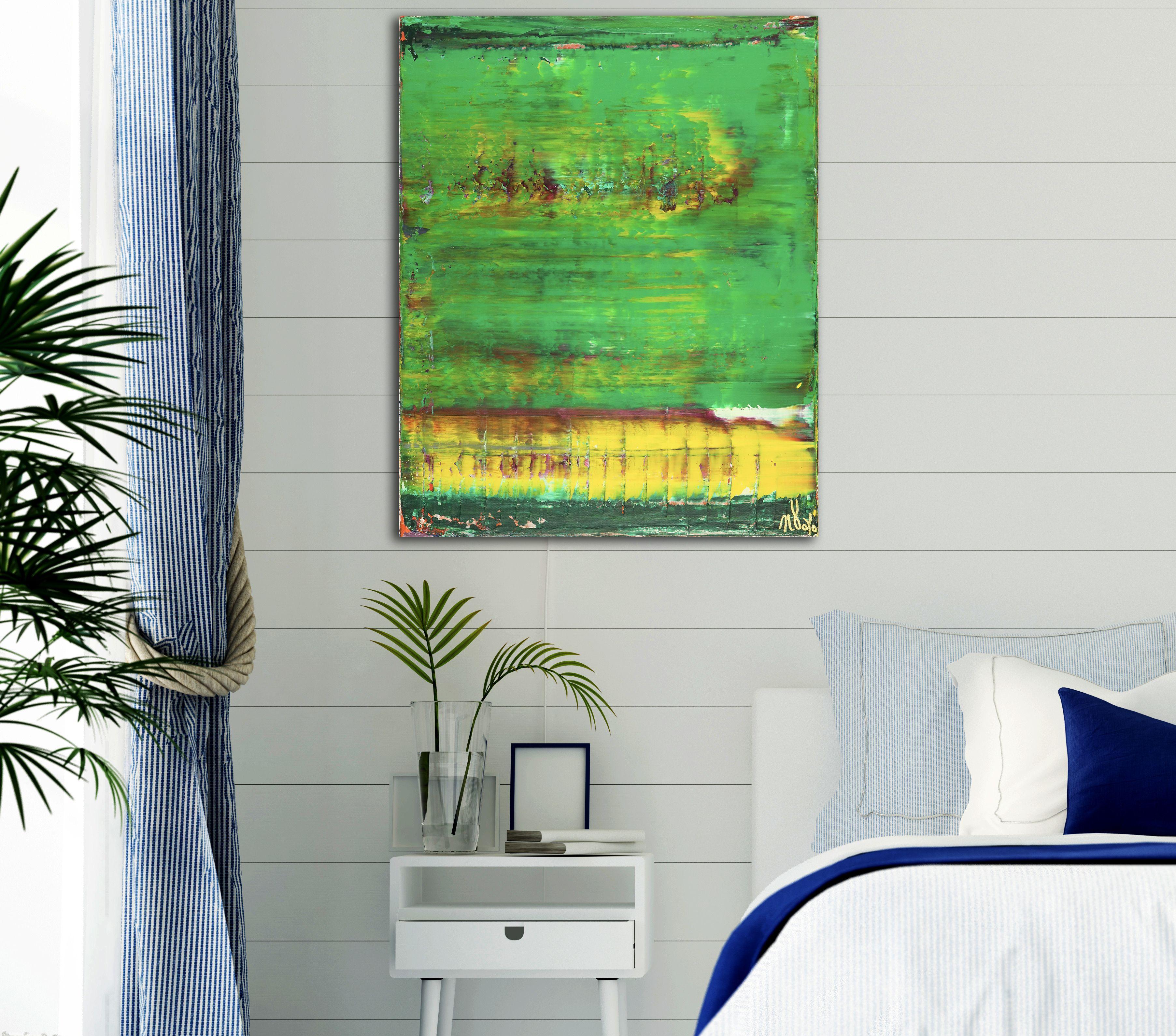 Bright abstract with vivid and earthy colors. Green, yellow, terra. Signed in front and ready to hang.    I include a certificate of authenticity that lists the materials as well as when the painting was completed.    Please contact me if you have