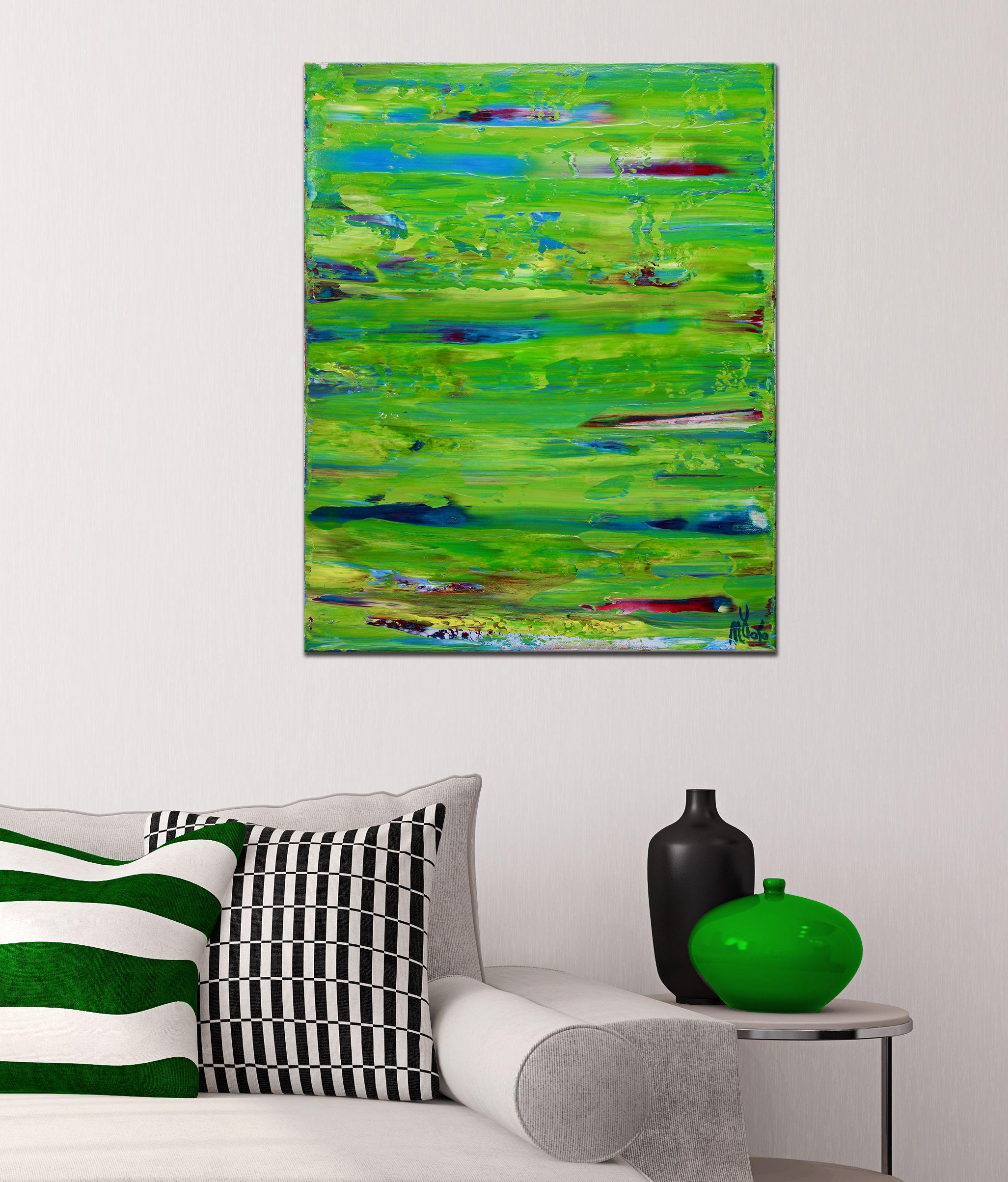 Bright inspired by nature color field mainly green with subtle bright undertones. This painting arrives ready to hang and signed in front.    I include a certificate of authenticity that lists the materials as well as when the painting was