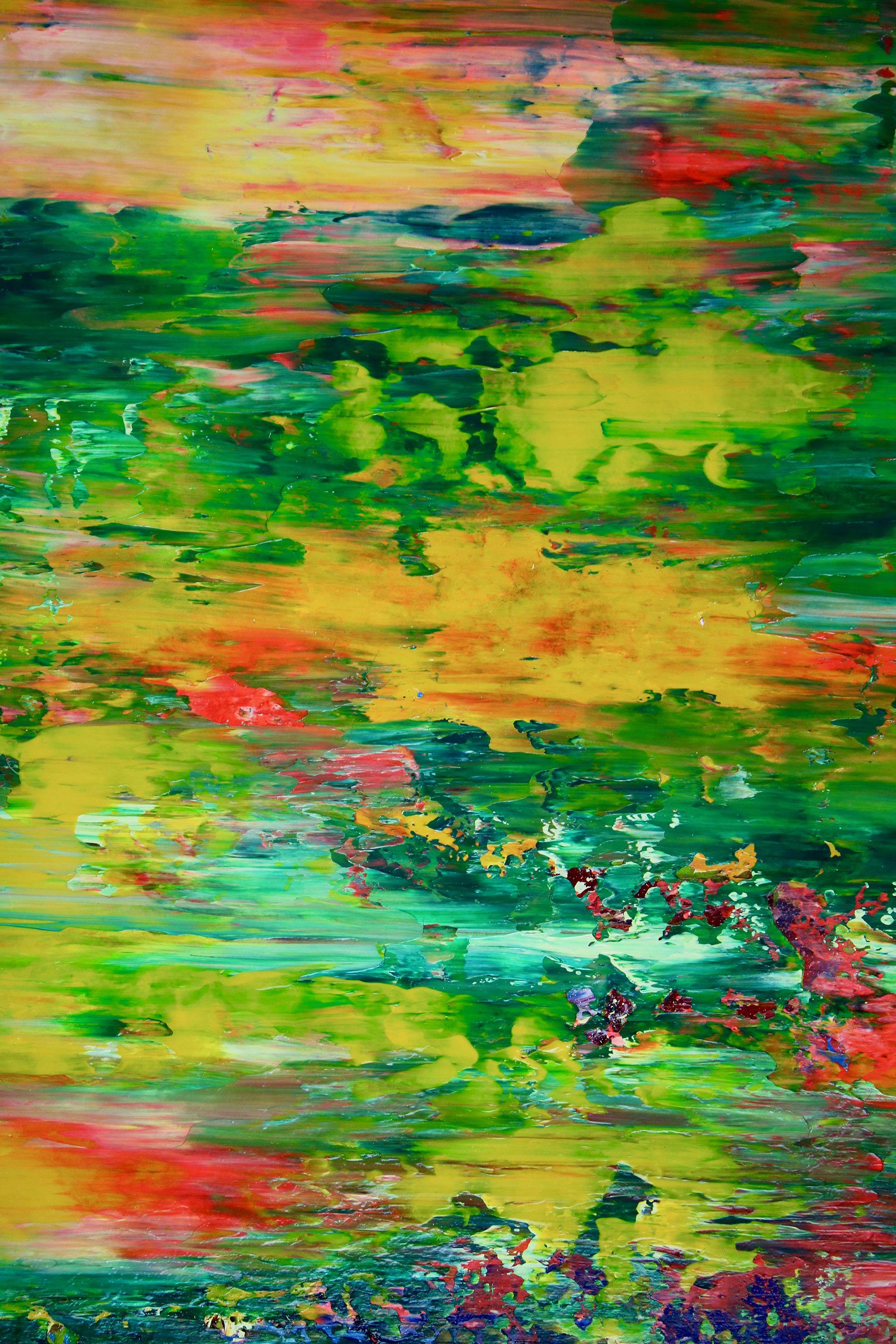 Impactful abstract inspired by the vibrant colors of the Caribbean, lush green contrasting with vibrant pink, orange and bright pale yellow. This artwork arrives mounted in a wooden frame, ready to hang, signed in front.    I include a certificate