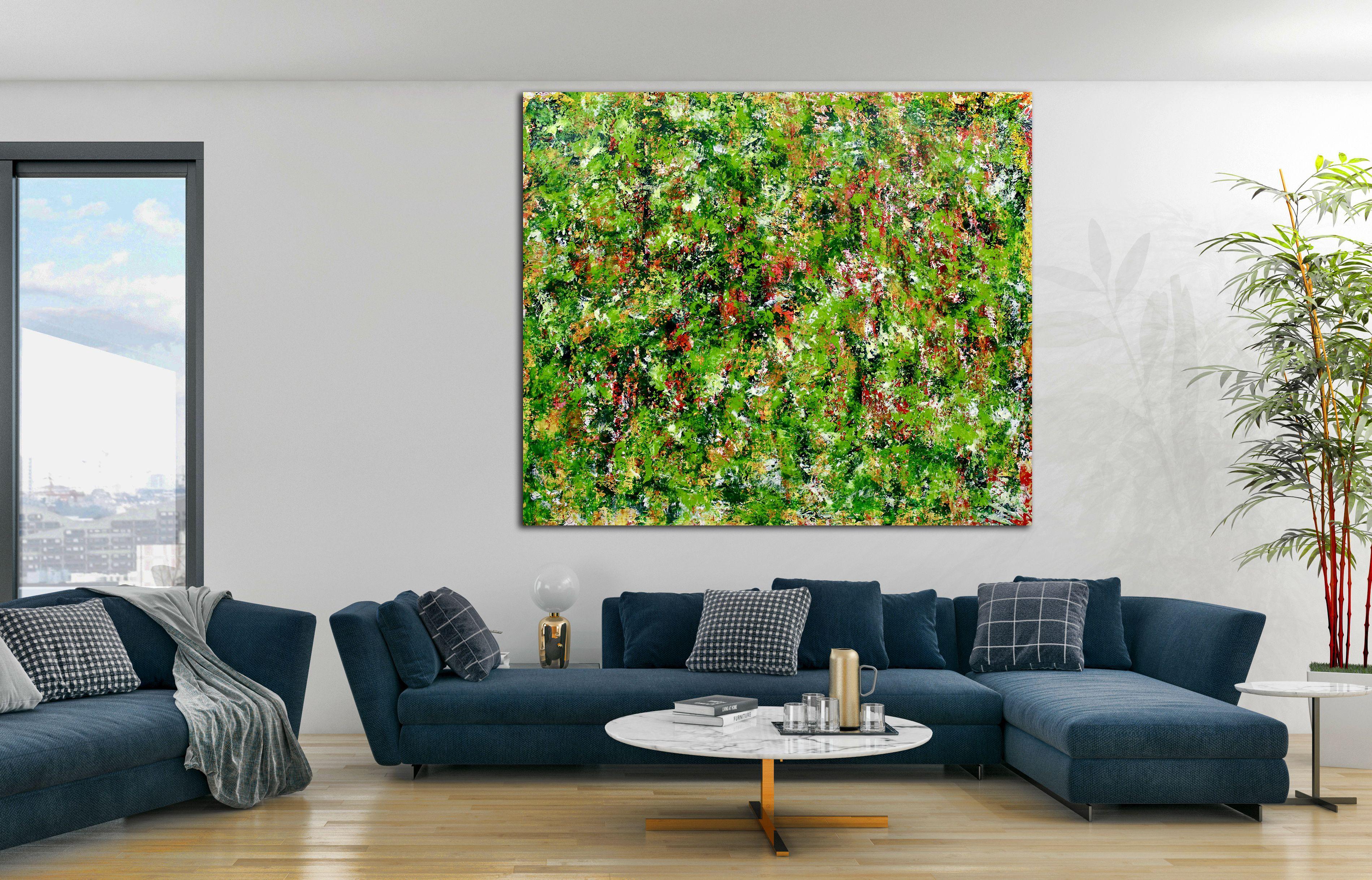 XL abstract painting  Acrylic on canvas    Large impactful abstract piece inspired by nature with shades of green that resemble the tropics and bright undertones, pink, orange, red and gold. Lots of details and intricate palette knife manipulation