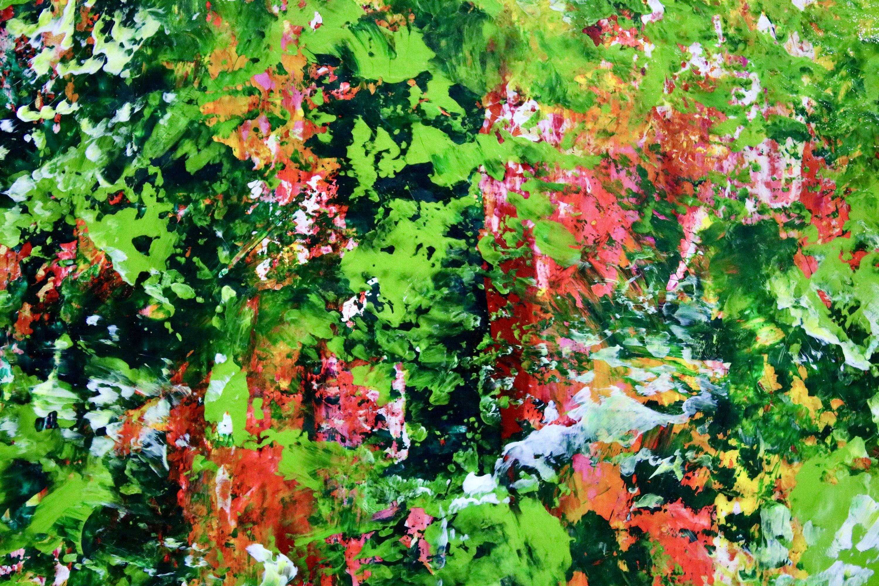 XL abstrakte Malerei  Acryl auf Leinwand    Großes, eindrucksvolles, abstraktes Werk, das von der Natur inspiriert ist, mit Grüntönen, die an die Tropen erinnern, und hellen Untertönen, wie Rosa, Orange, Rot und Gold. Viele Details und komplizierte