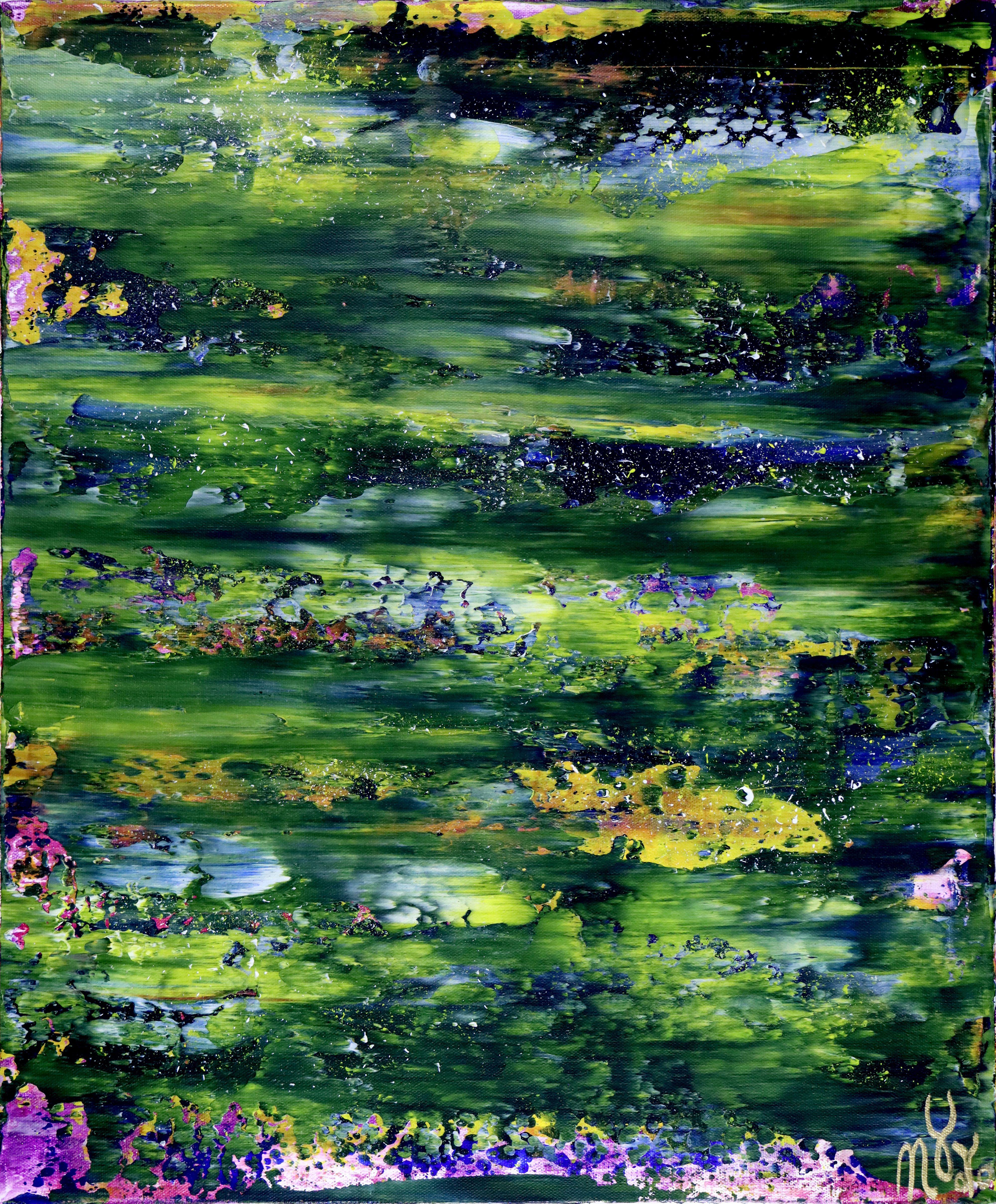 Green is one of my favorite colors and very relaxing to paint with. This abstract painting is layered with shades of sap green, pale green, olive green and some yellow and pink coming through and around the edges. Beautiful peaceful blissful