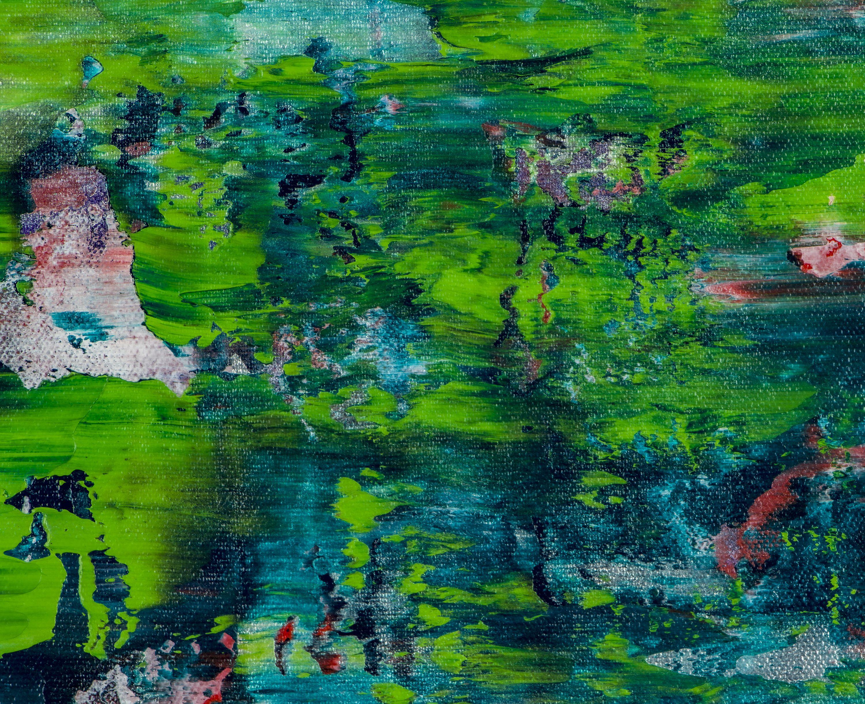 Peinture : Acrylique sur toile.    Pour cette œuvre, j'ai travaillé sur le mouvement et la profondeur. Couches de vert foncé, d'indigo, d'argent, de bleu, de rouge, de blanc avec des détails violets. Signé au recto à l'encre dorée.    J'inclus un