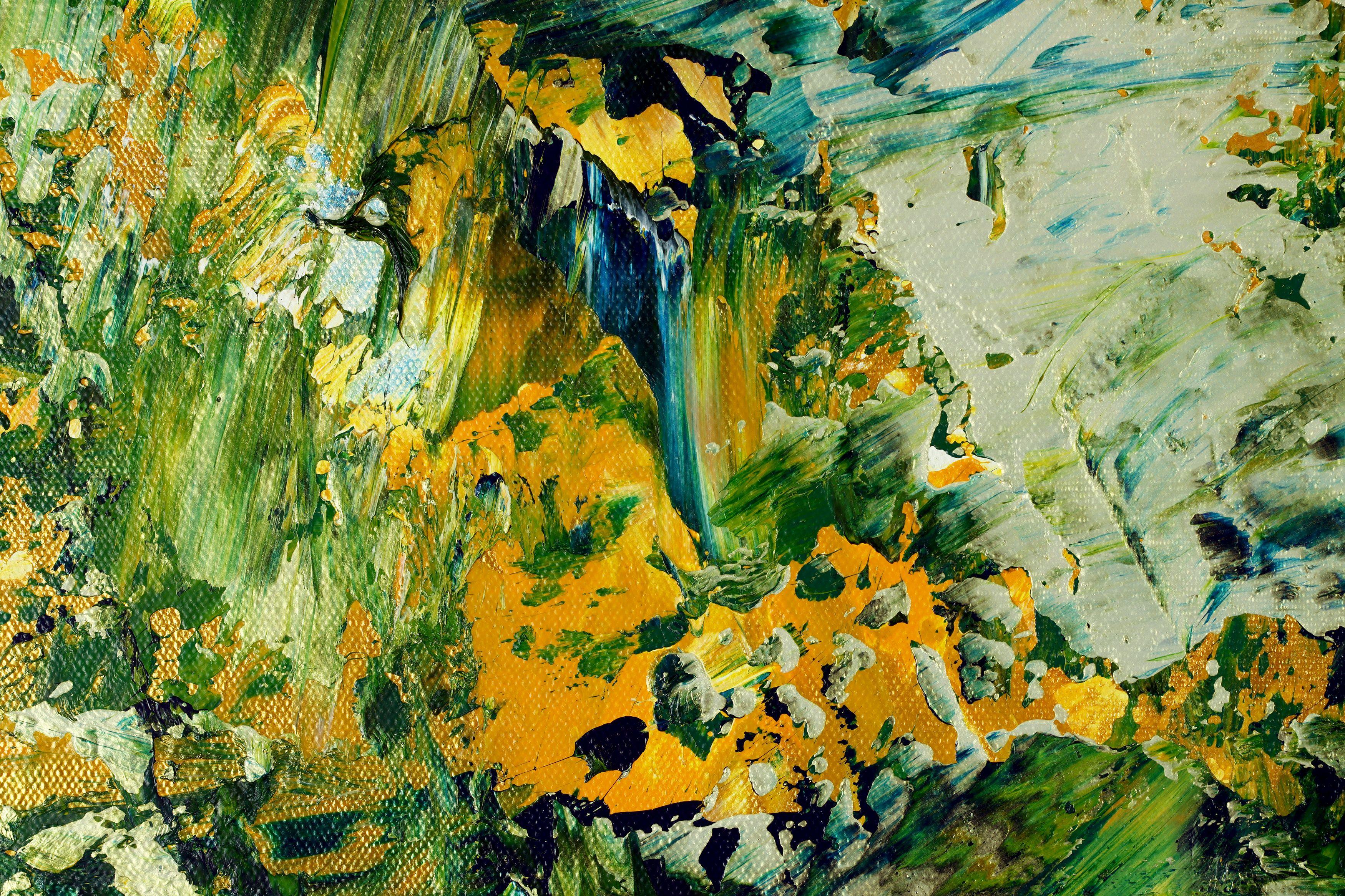 Cuadro abstracto grande inspirado en la naturaleza  acrílico sobre lienzo    Esta obra de arte se creó superponiendo y mezclando finas capas de amarillo oscuro, azul, oro brillante, amarillo indio y oro reflectante iridiscente. Firmado delante con