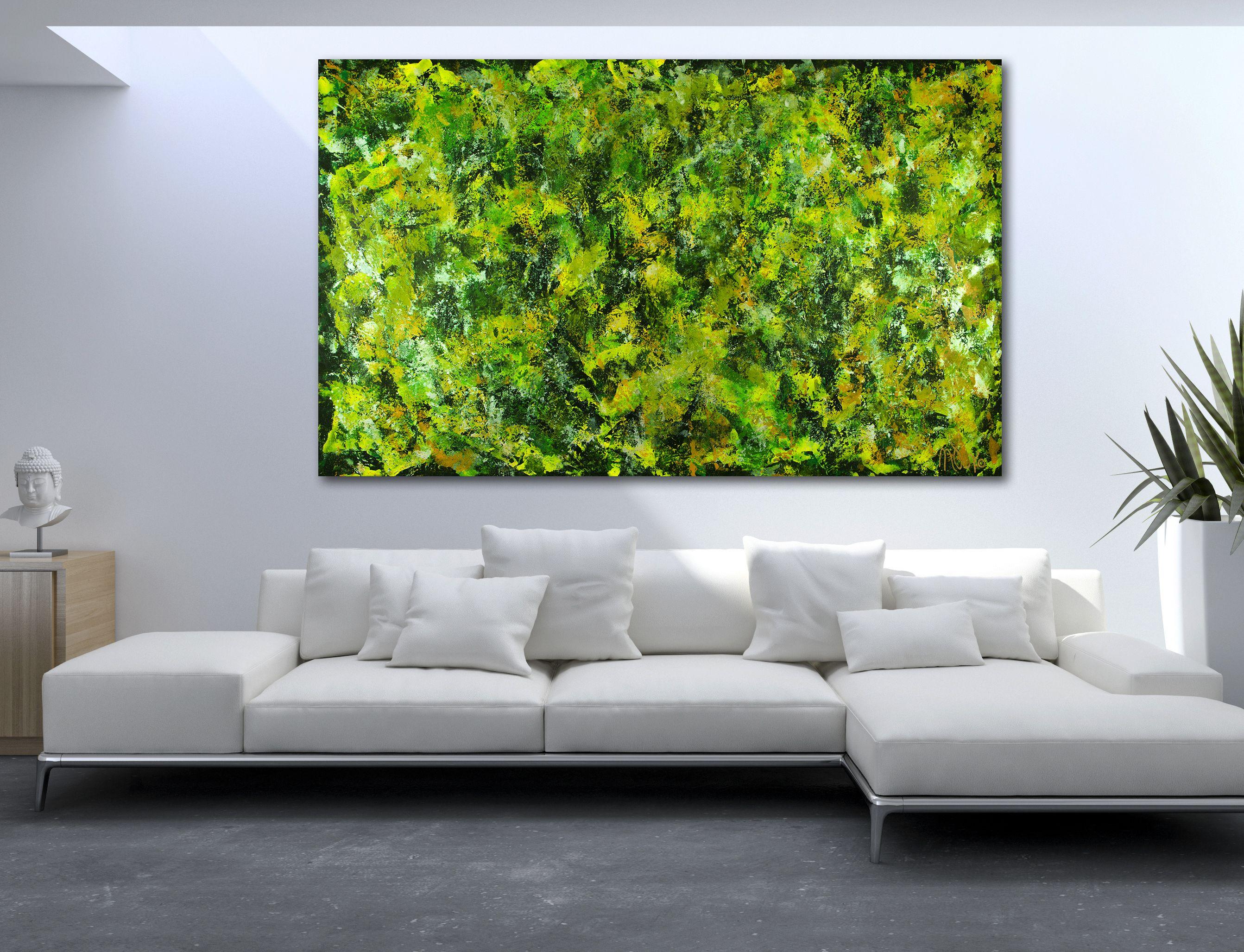 Painting: Acrylic on Canvas.    Large inspired by nature abstract painting  acrylic on canvas    This artwork was created layering and blending thin layers of dark green, olive, bright green, Indian yellow and Iridescent reflective green. Signed in