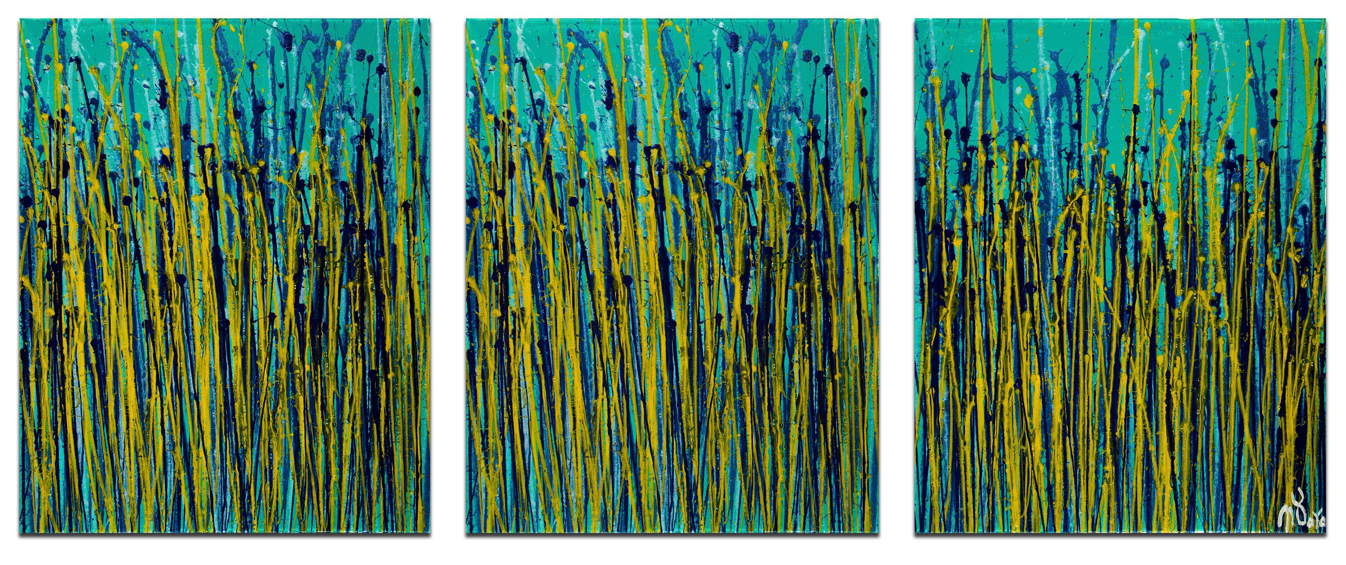 Painting: Acrylic on Canvas.    Three canvases1 - 16 W x 20 H x 0.7 in each.    Expressive modern abstract, bold full of life, gloss and shimmer! inspired by nature, many colors combined with mica particles. Yellow, blue and green. Ready to hang and