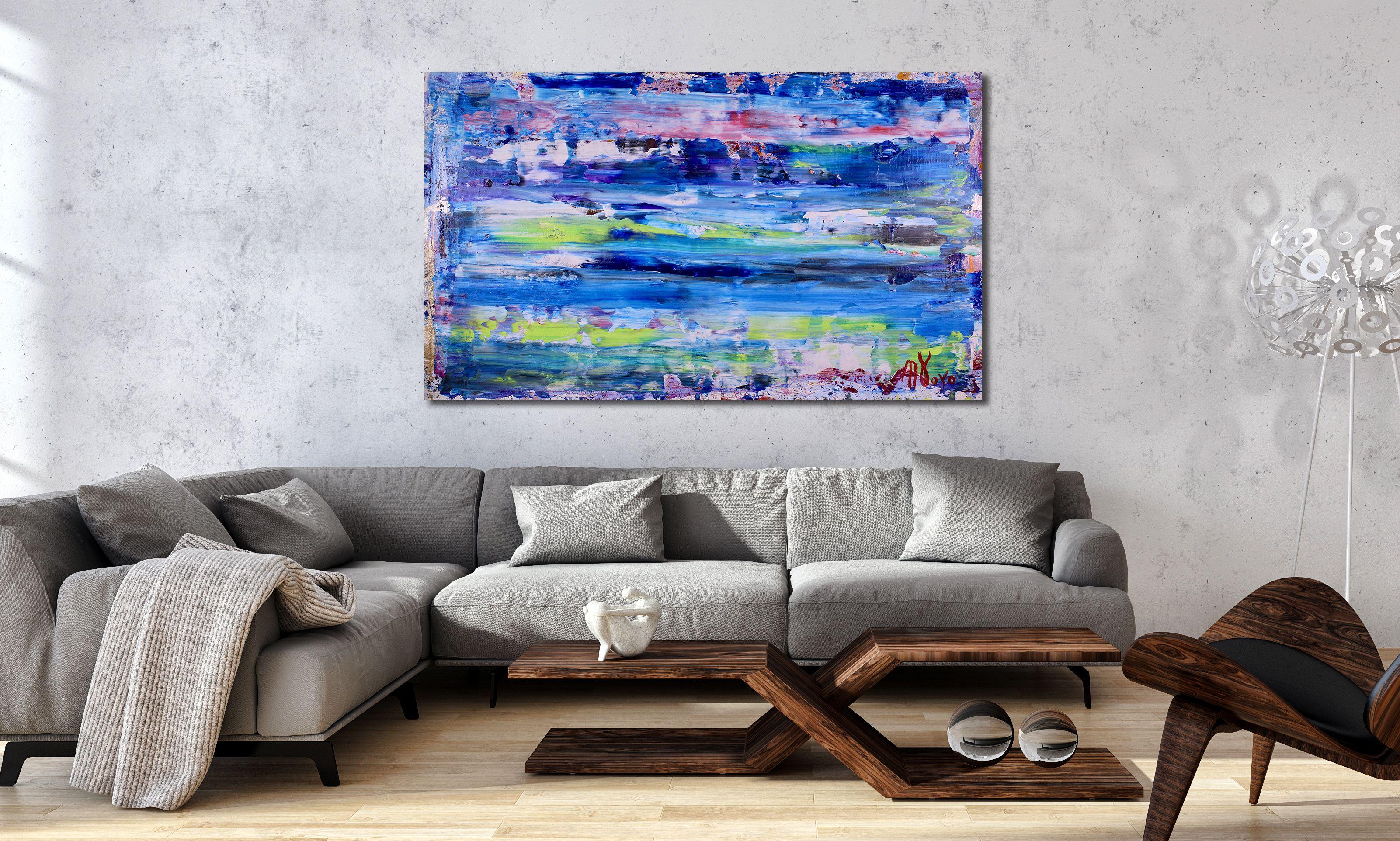 Campo di colore astratto, motivi organici, blu, verde, bianco e altri colori. Firmato.    Quest'opera è stata creata su una tela sfusa di alta qualità e viene spedita arrotolata in un tubo. Basta portarlo dal tuo corniciaio di fiducia per farlo