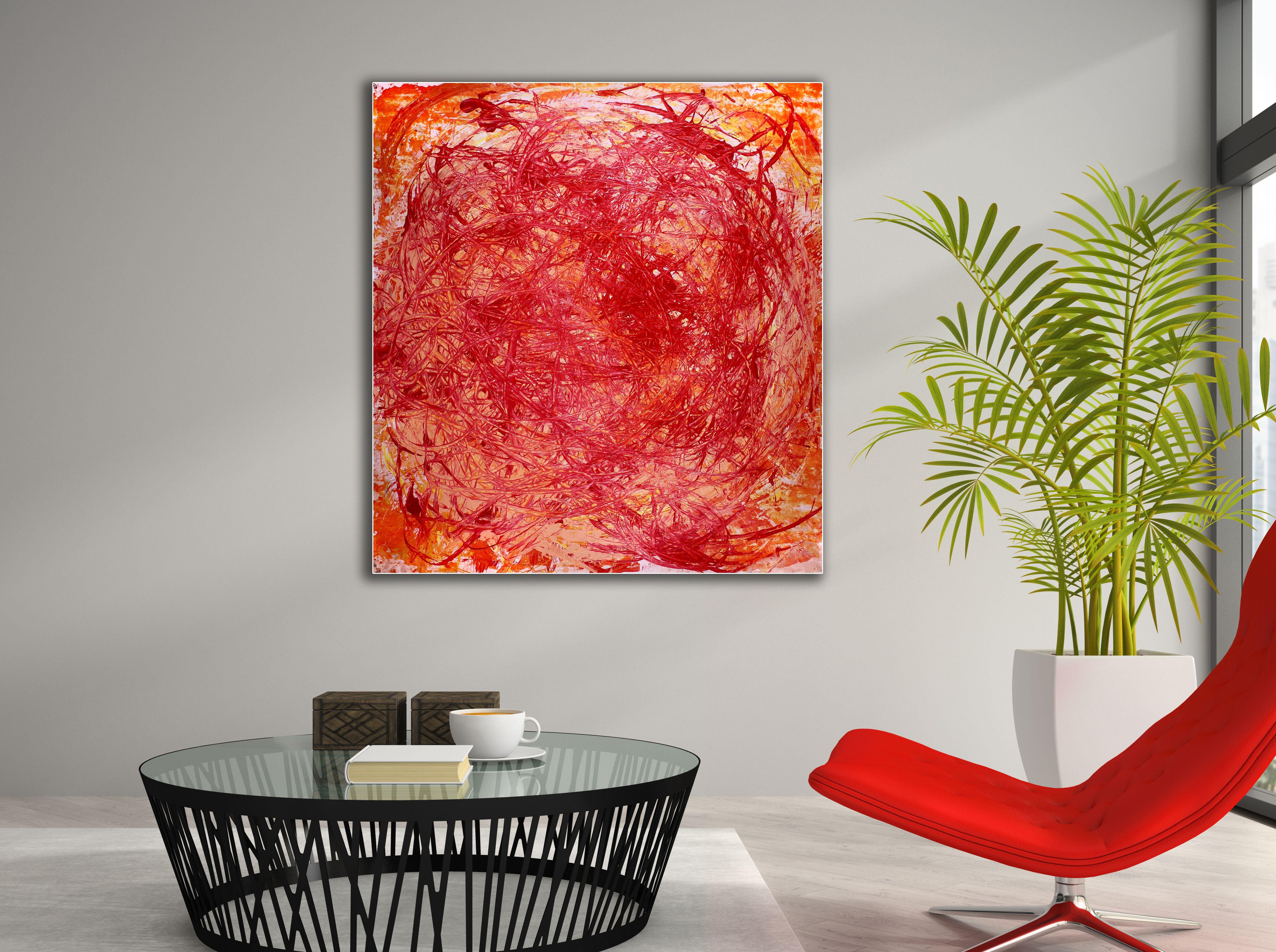 Bold acrylic abstract painting with lots of motion energy as well as lots of light and fast changes in color contrast. Active and contemplative feel with intricate details. Iridescent mediums used... triple primed canvas and heavy layered with high
