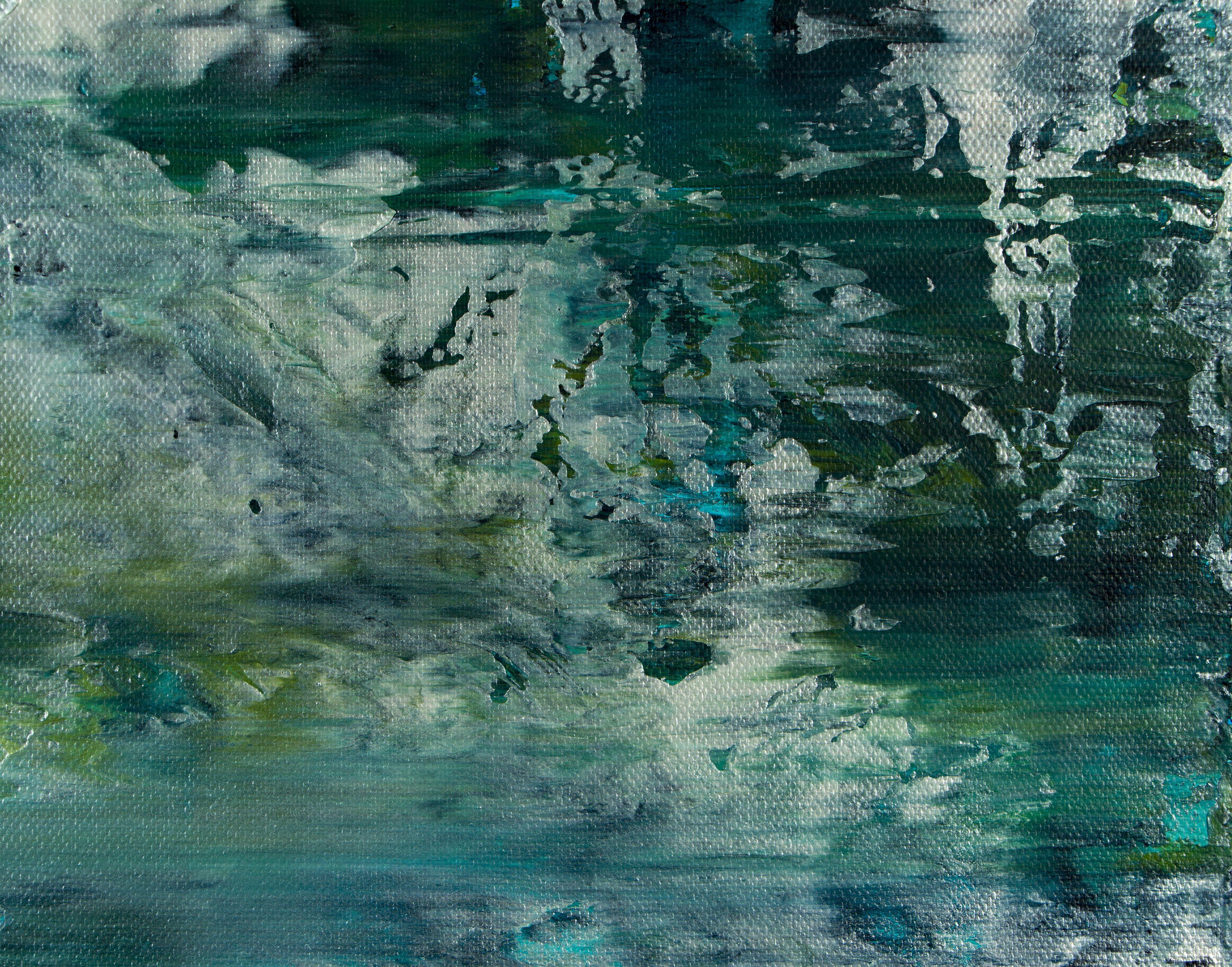 Gemälde: Acryl auf Leinwand.    Abstrakt mit Grün-, Grün-, Blau-, Grau- und Silberschattierungen mit glänzender Oberfläche. Erstellt mit Spachteln und fein strukturierten Schichten. Vorne signiert. Bereit zum Aufhängen    Ich lege ein