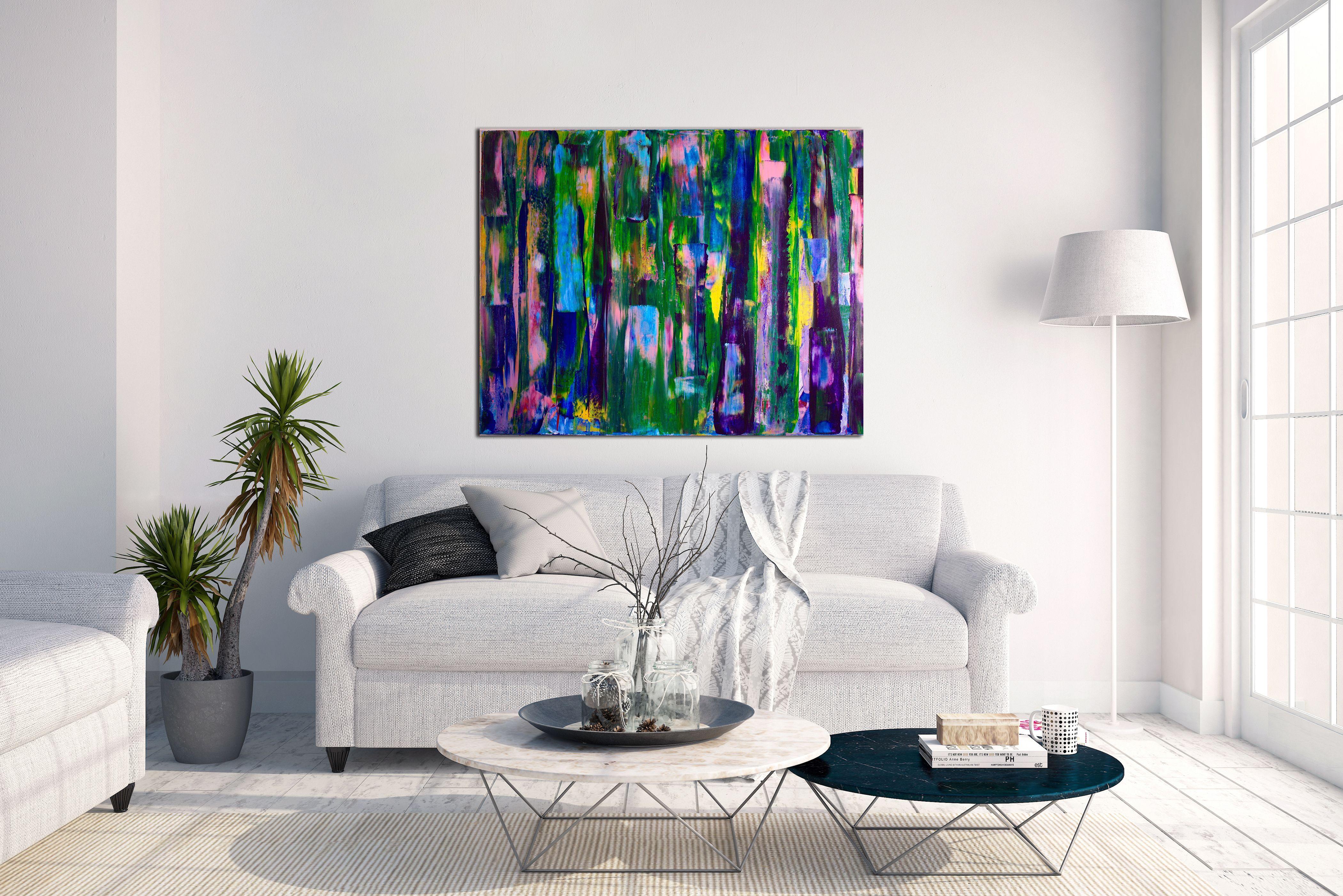 - SIGNED CANVAS  - SIGNED CERTIFICATE OF AUTHENTICITY  - BOLD STATEMENT PIECE    Closeness and depth interchanged throughout the painting represented by organic shapes, lines and rapid shifts in color. This piece is all about color blending for bold
