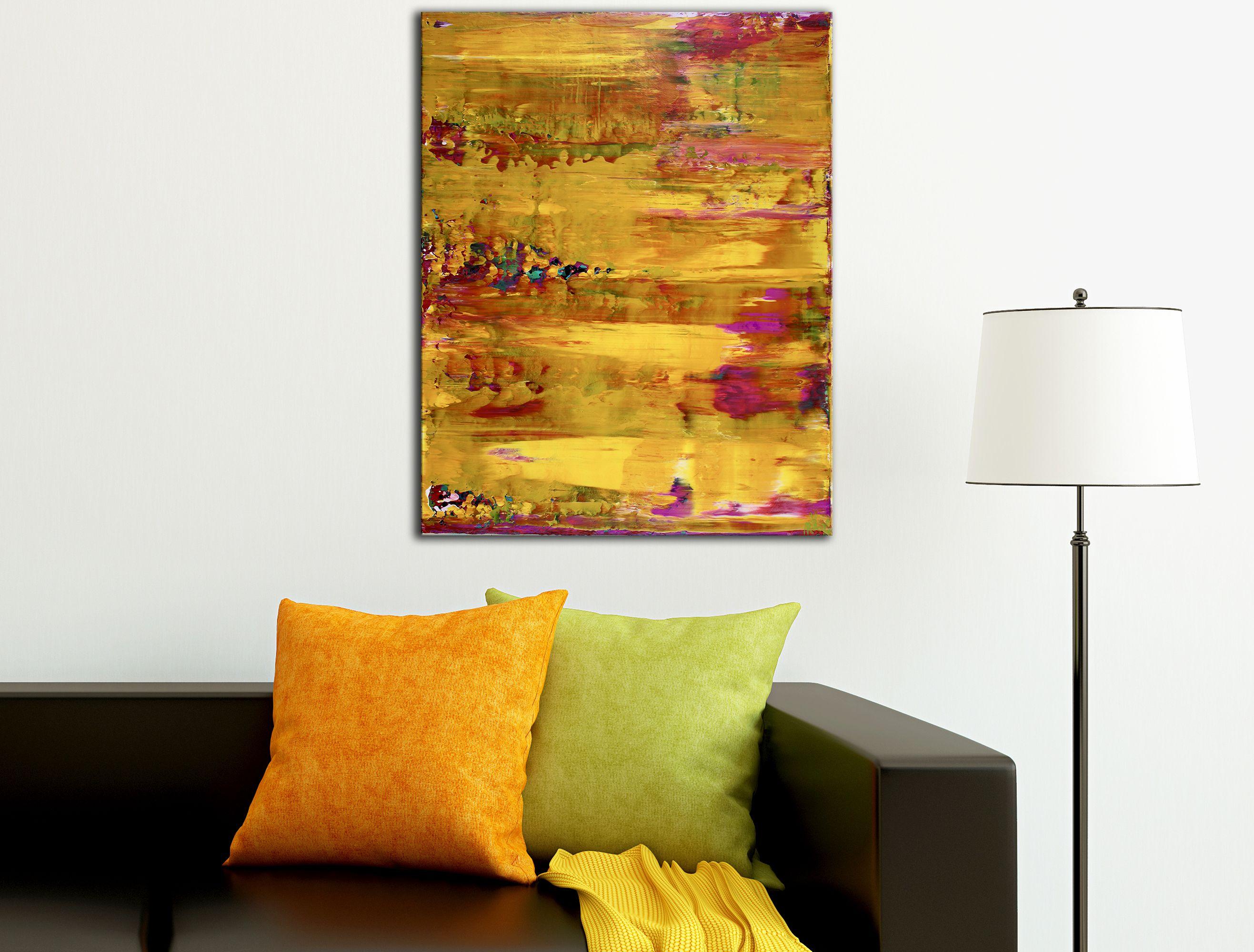 Vibrant yellow abstract colorfield with bold shades and also lots of light. Yellow, blue, some purple, orange and pink. This painting arrives mounted in a wooden canvas, sides painted, signed in front.    I include a certificate of authenticity that