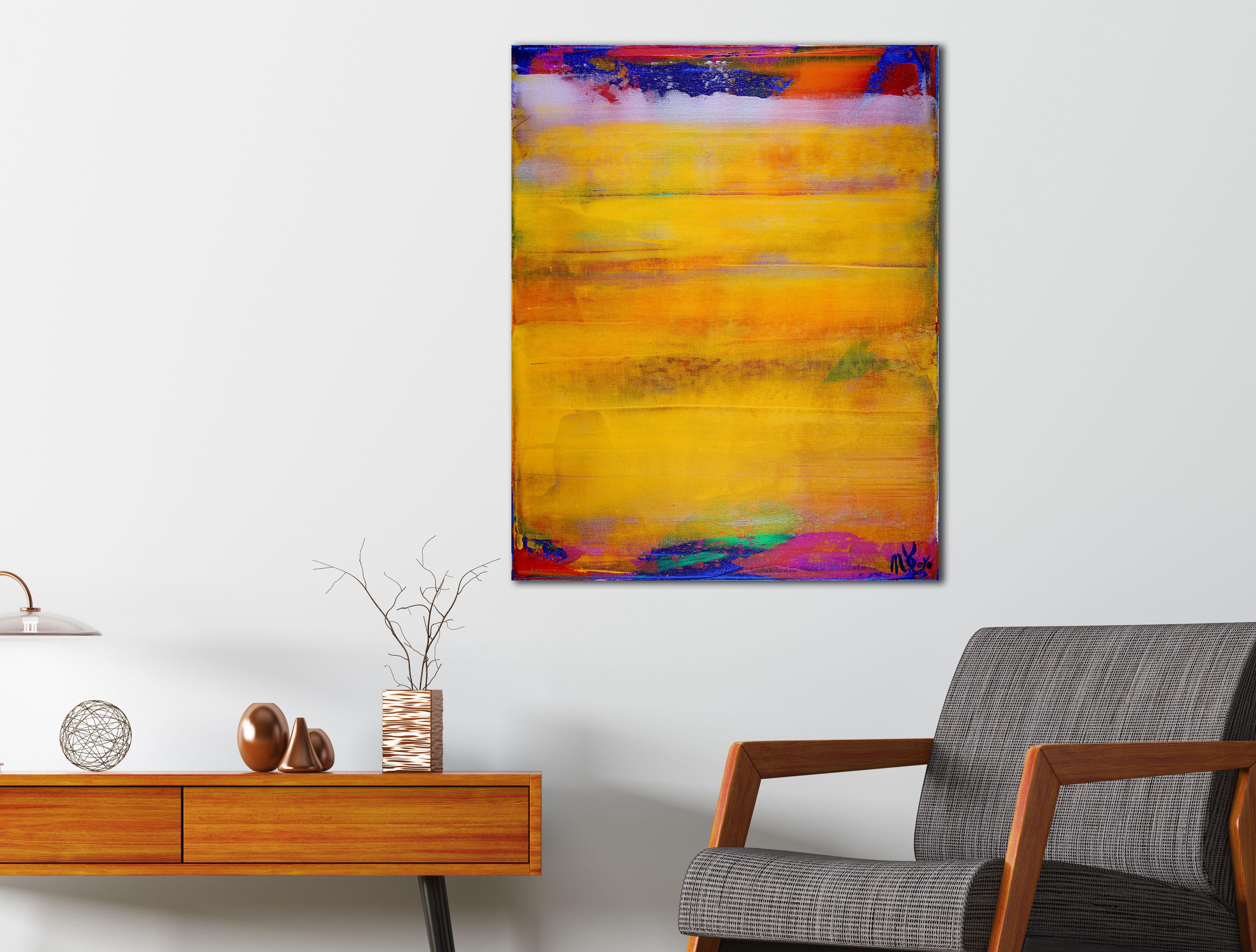 Acrílico amarillo con algunos, azul, morado y verde, expresiva pintura de campo de color contrastado. Textura y capas con acrílicos translúcidos fluidos y medios iridiscentes.    ORIGINALES ABSTRACTOS FINOS - ¡ÚNICOS EN SU GÉNERO!  Sólo hago obras