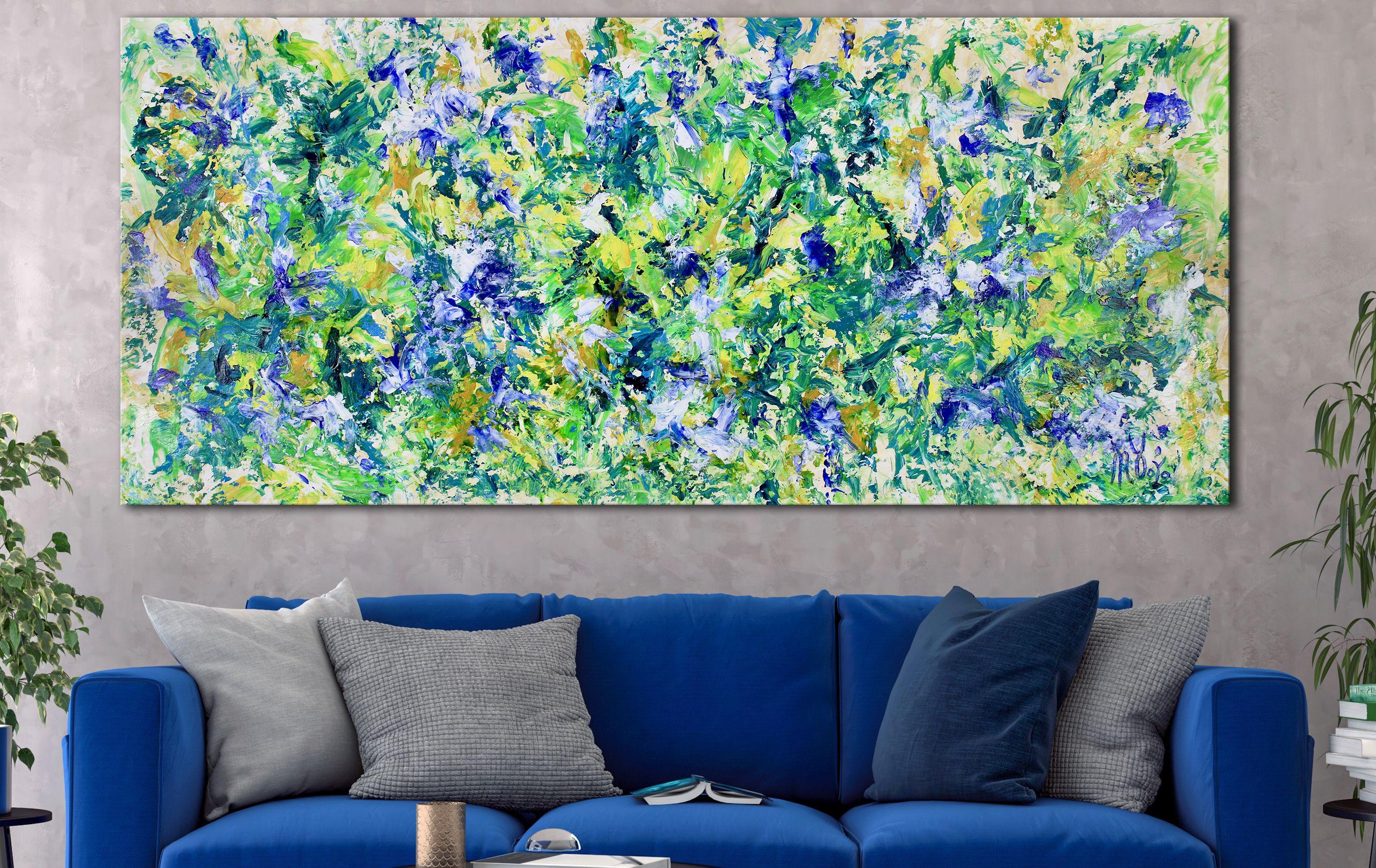 Abstract inspired by nature bright colors including green, yellow, gold and blues. Delicate and intricate palette knife work with glossy finish. This painting arrives in a Tube, signed in front. Unframed measurement are 32h x 71w.    I include a