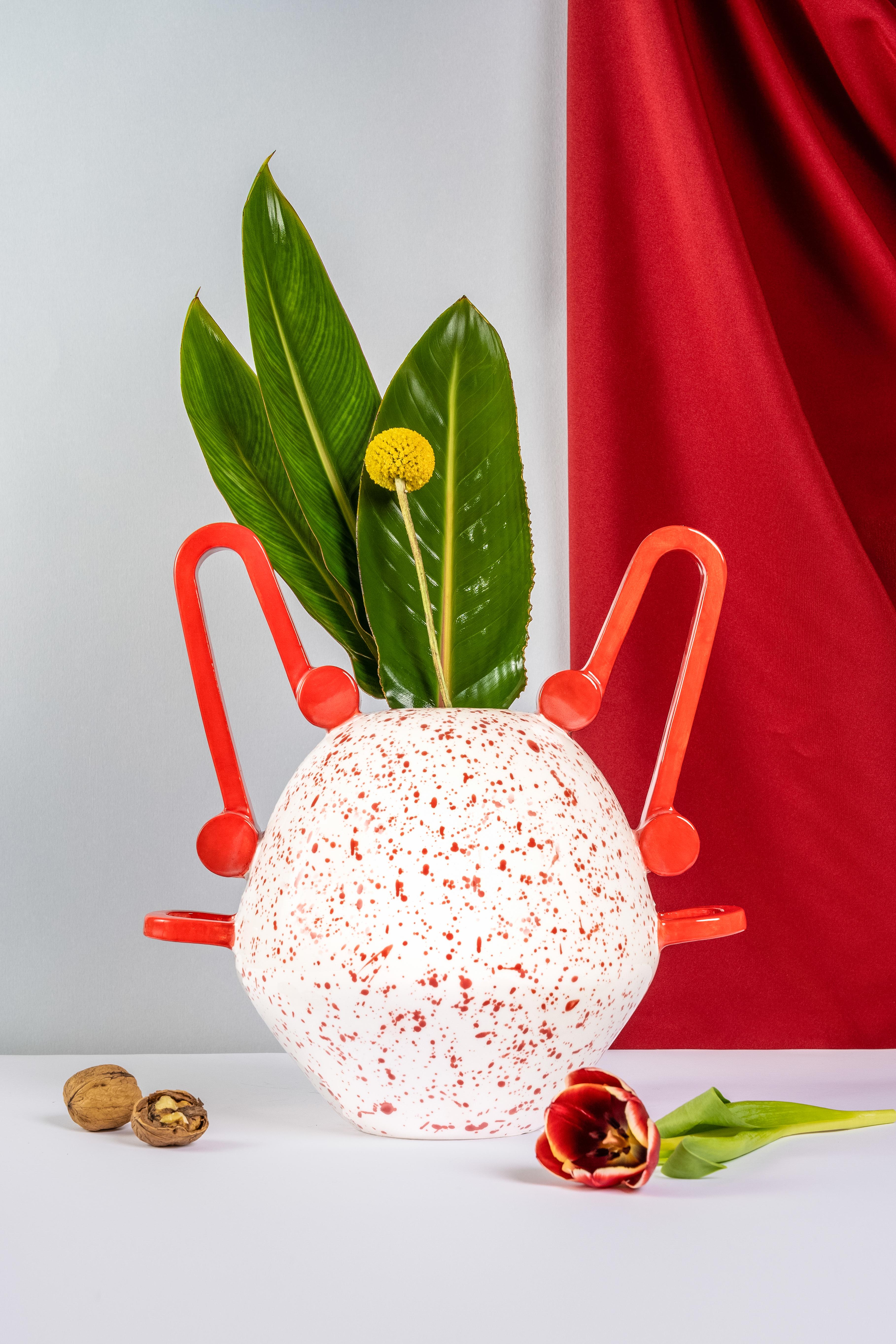 Contemporary Nestoris Decorative Vase in Red Marbled Ceramic by Stella Orlandino For Sale