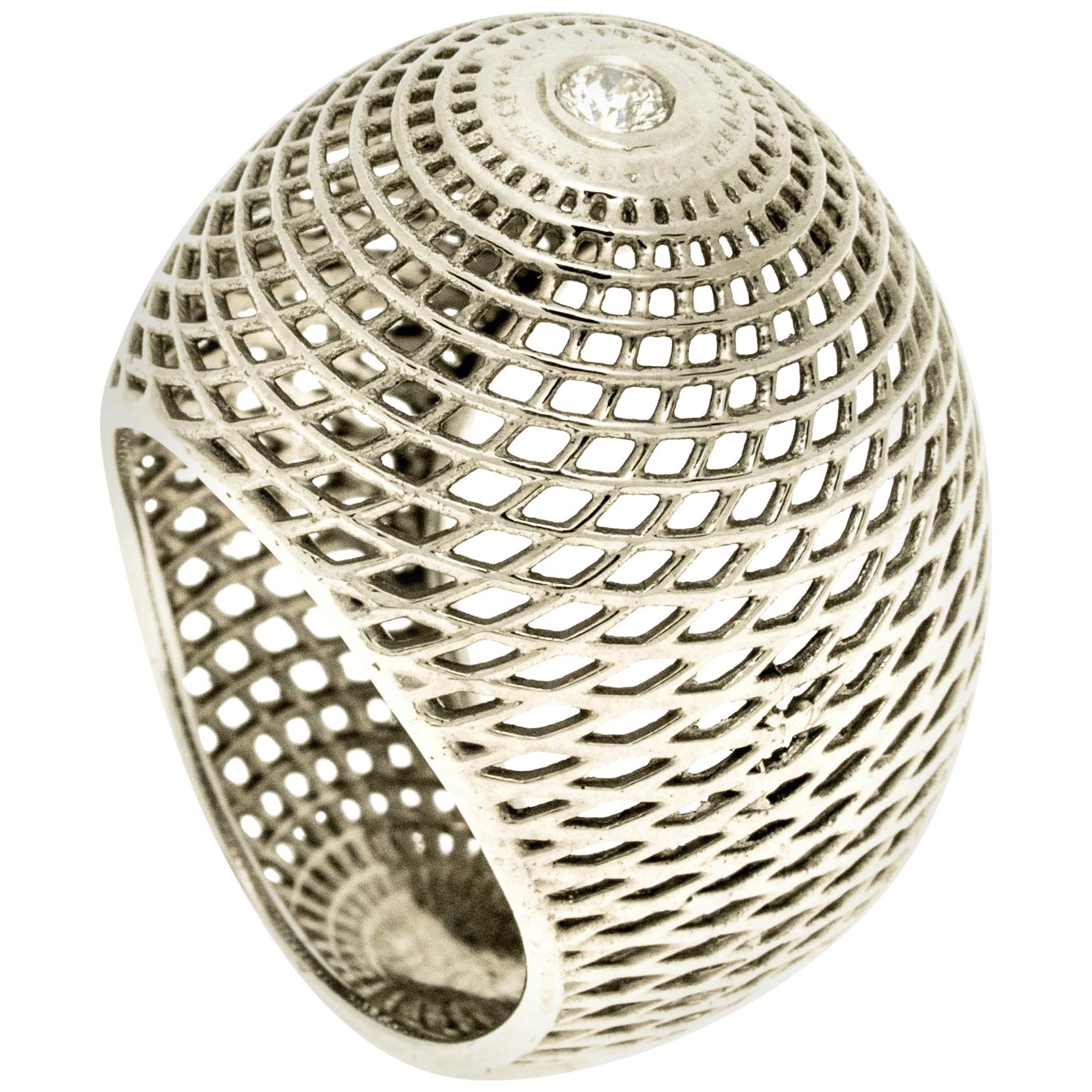  18 Karat White Gold  Diamond Bombe Ring, Cocktail Ring  White Gold Dome Ring