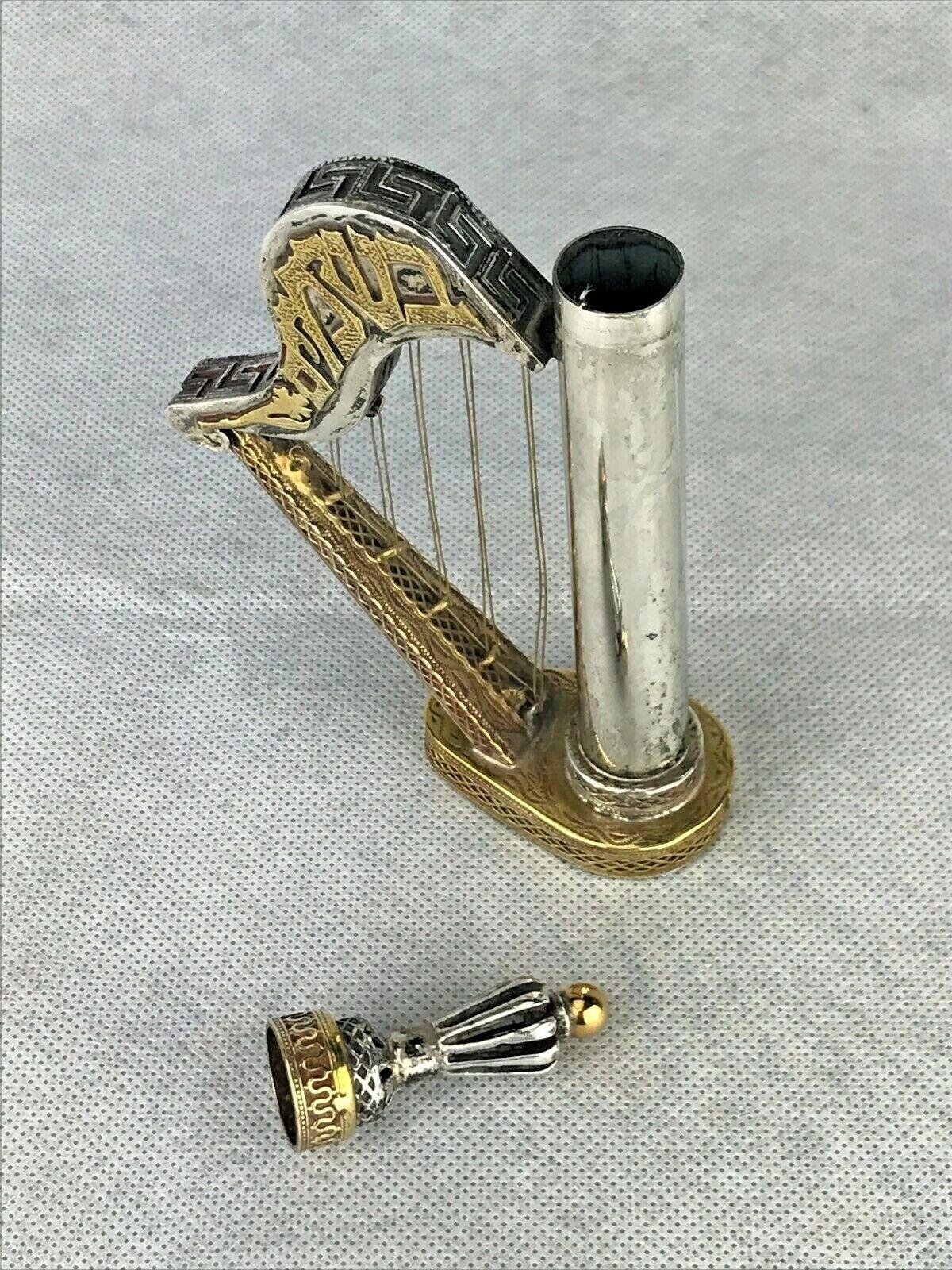 A sterling silver Besamim (spice) container, In the shape of Harp For Sale 3