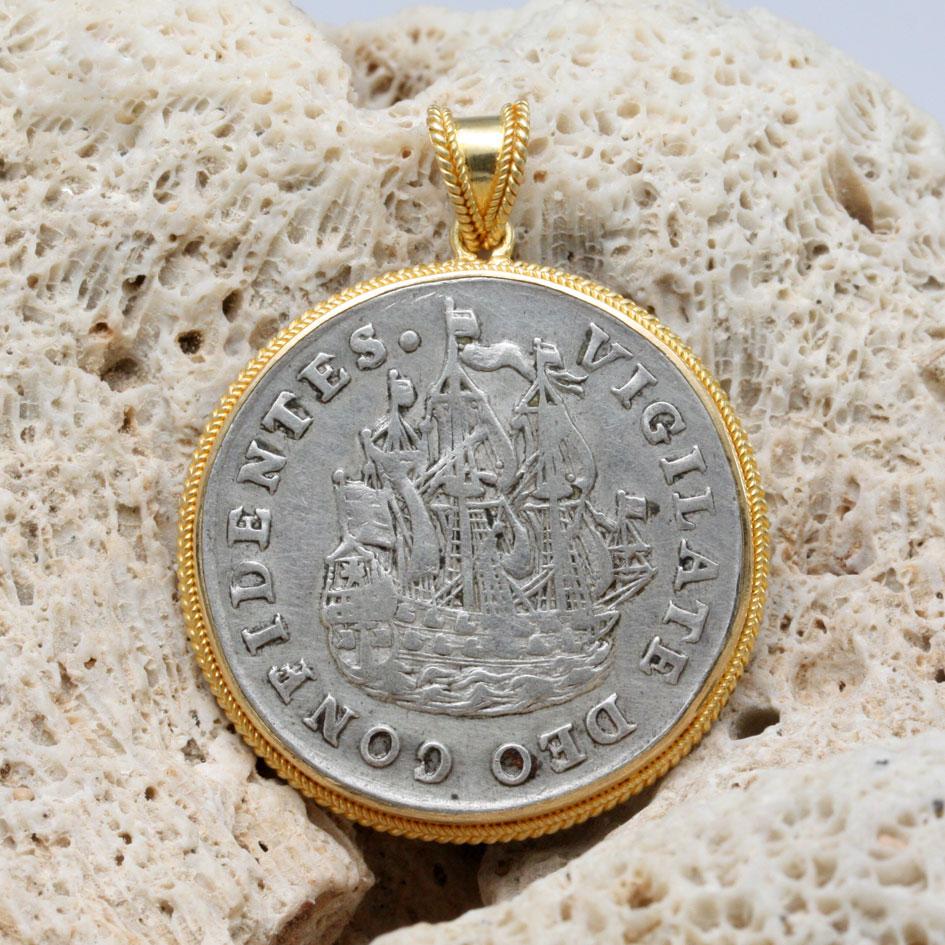 Netherlands 1736 Sailing Ship Coin 18K Gold Pendant For Sale 3