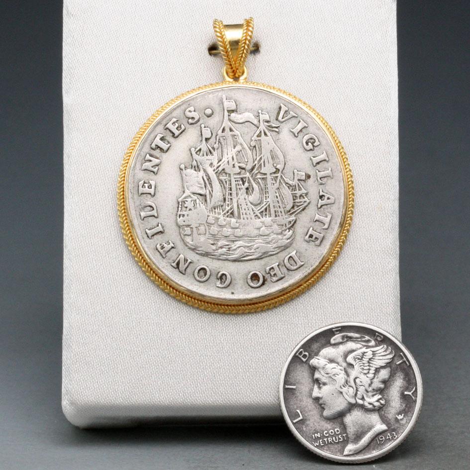 Netherlands 1736 Sailing Ship Coin 18K Gold Pendant For Sale 4