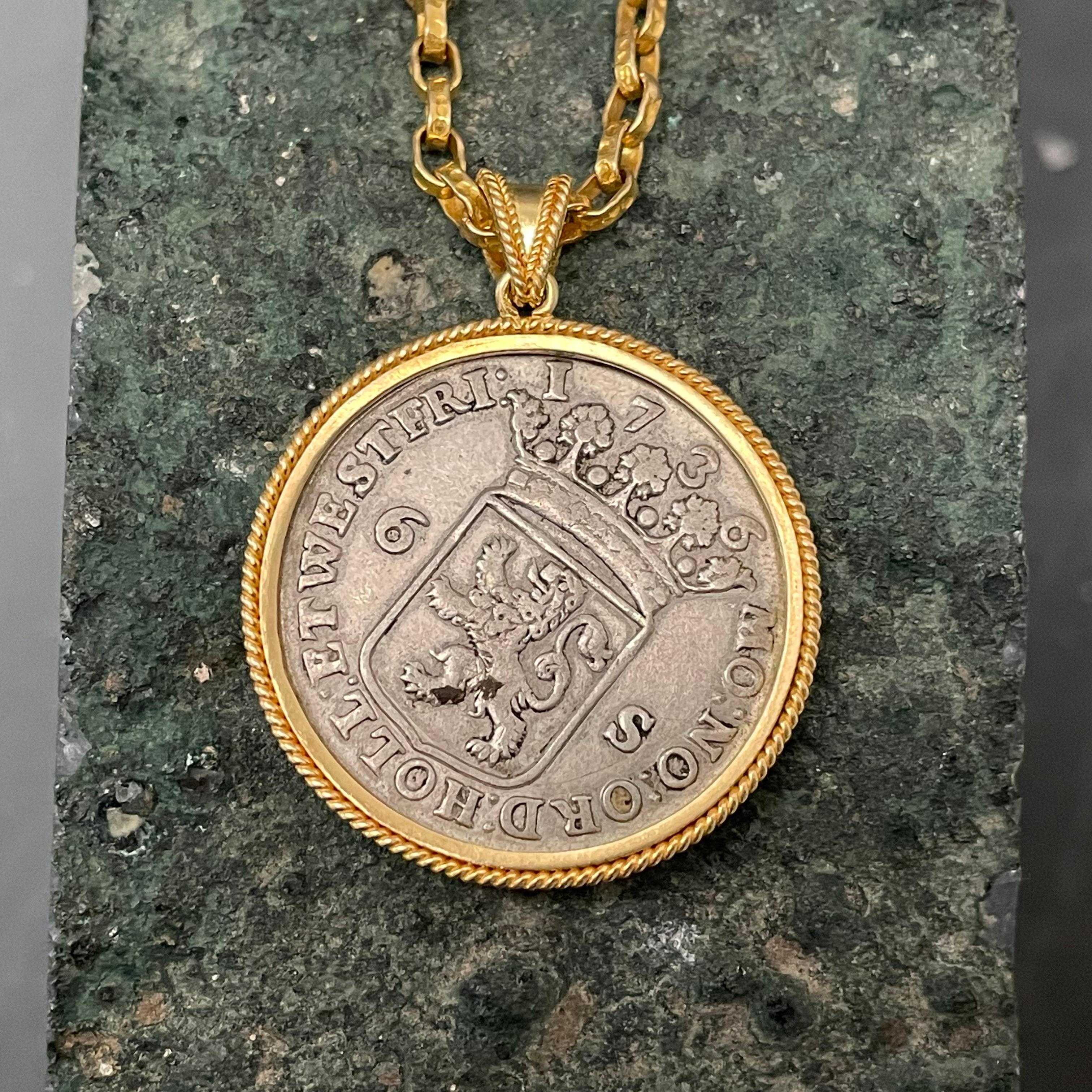 Renaissance Netherlands 1736 Sailing Ship Coin 18K Gold Pendant For Sale