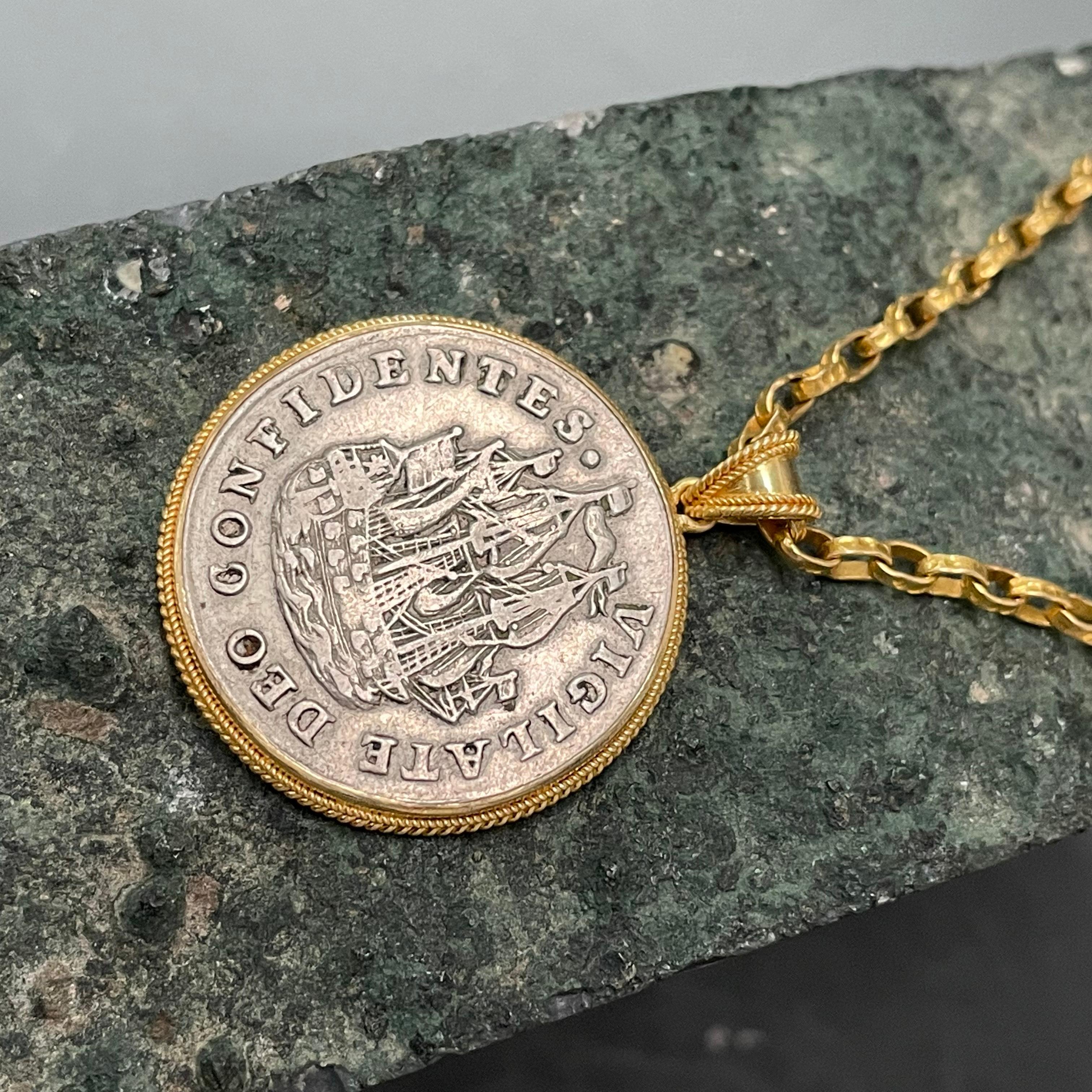 Netherlands 1736 Sailing Ship Coin 18K Gold Pendant In New Condition For Sale In Soquel, CA