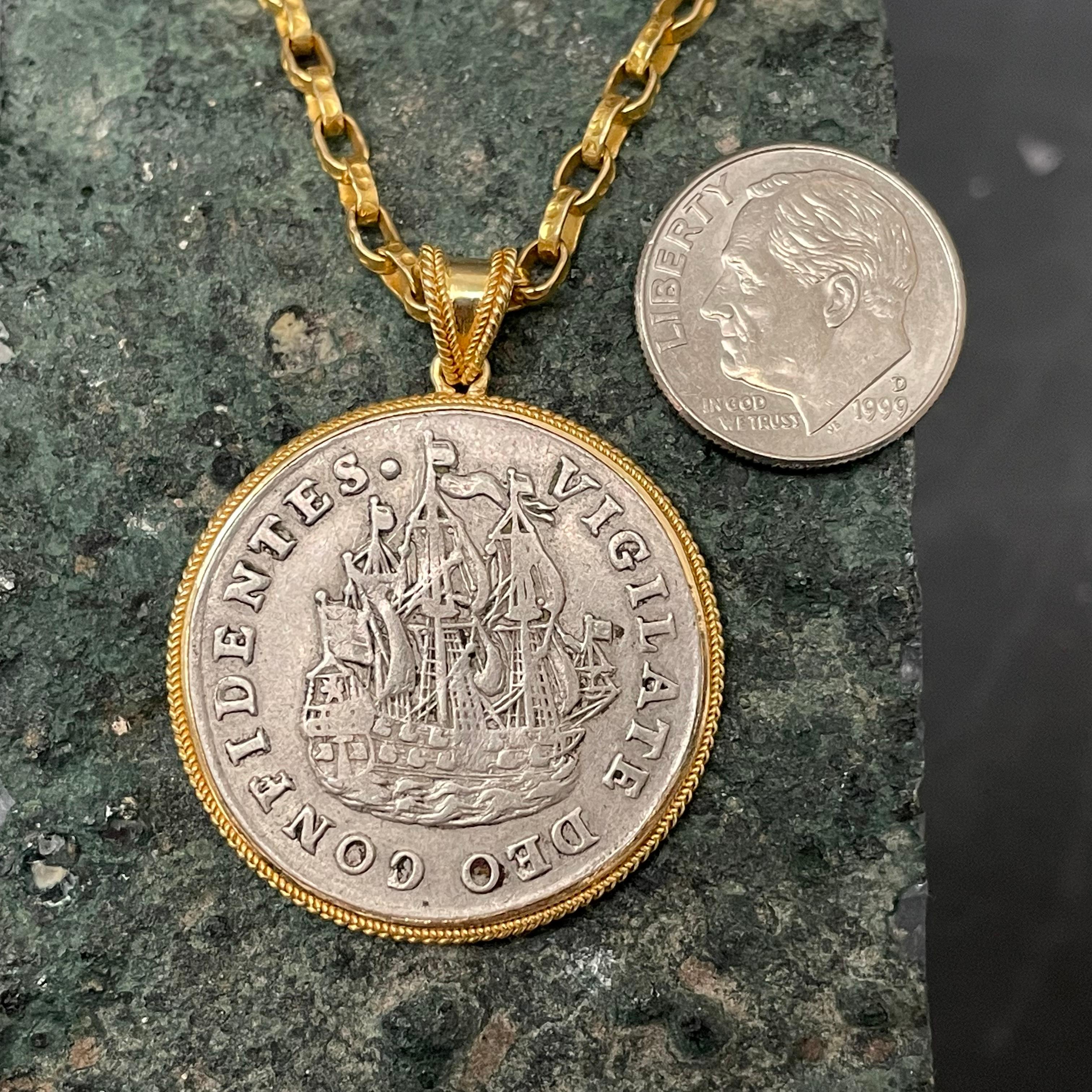 Women's or Men's Netherlands 1736 Sailing Ship Coin 18K Gold Pendant For Sale