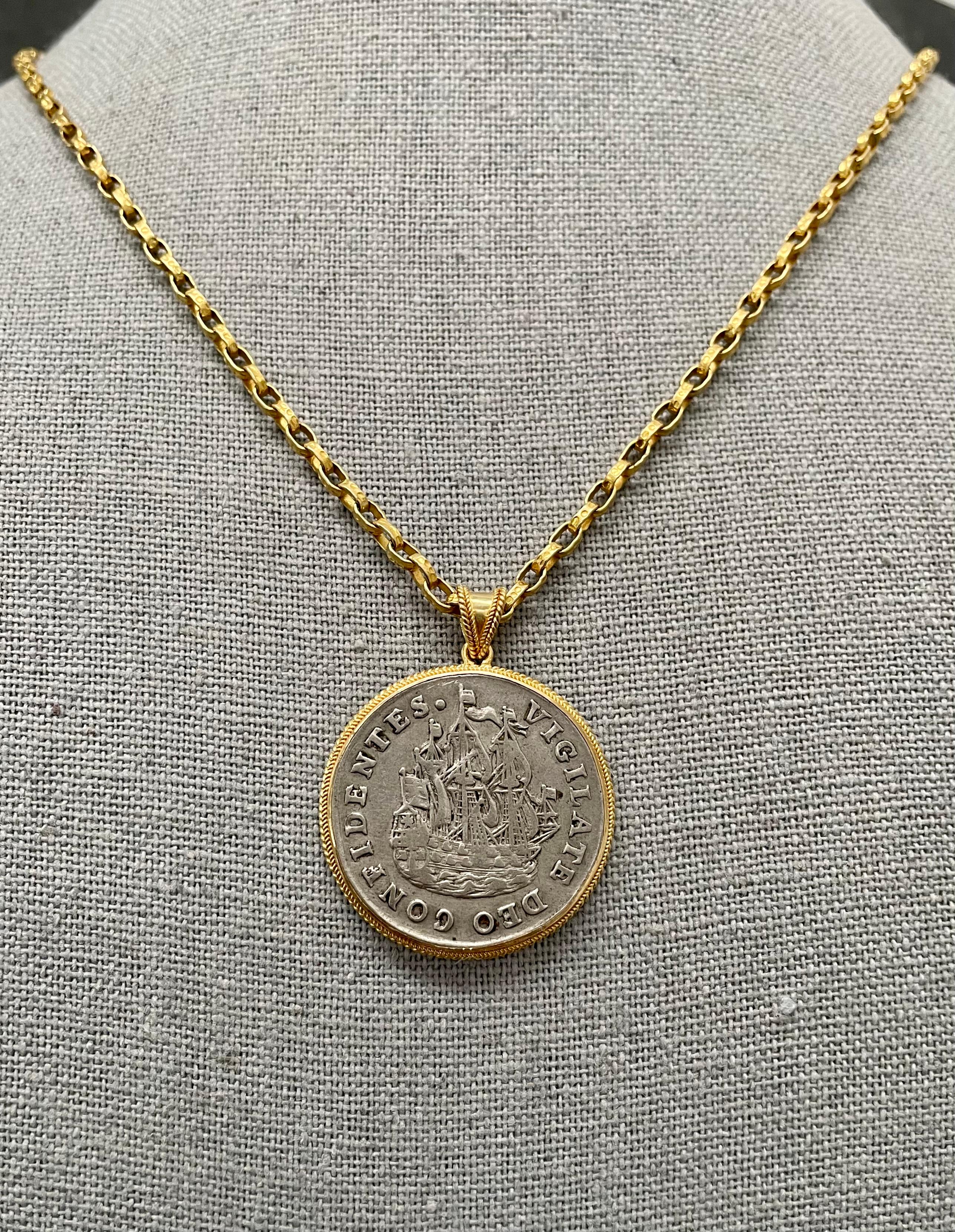 Netherlands 1736 Sailing Ship Coin 18K Gold Pendant For Sale 2