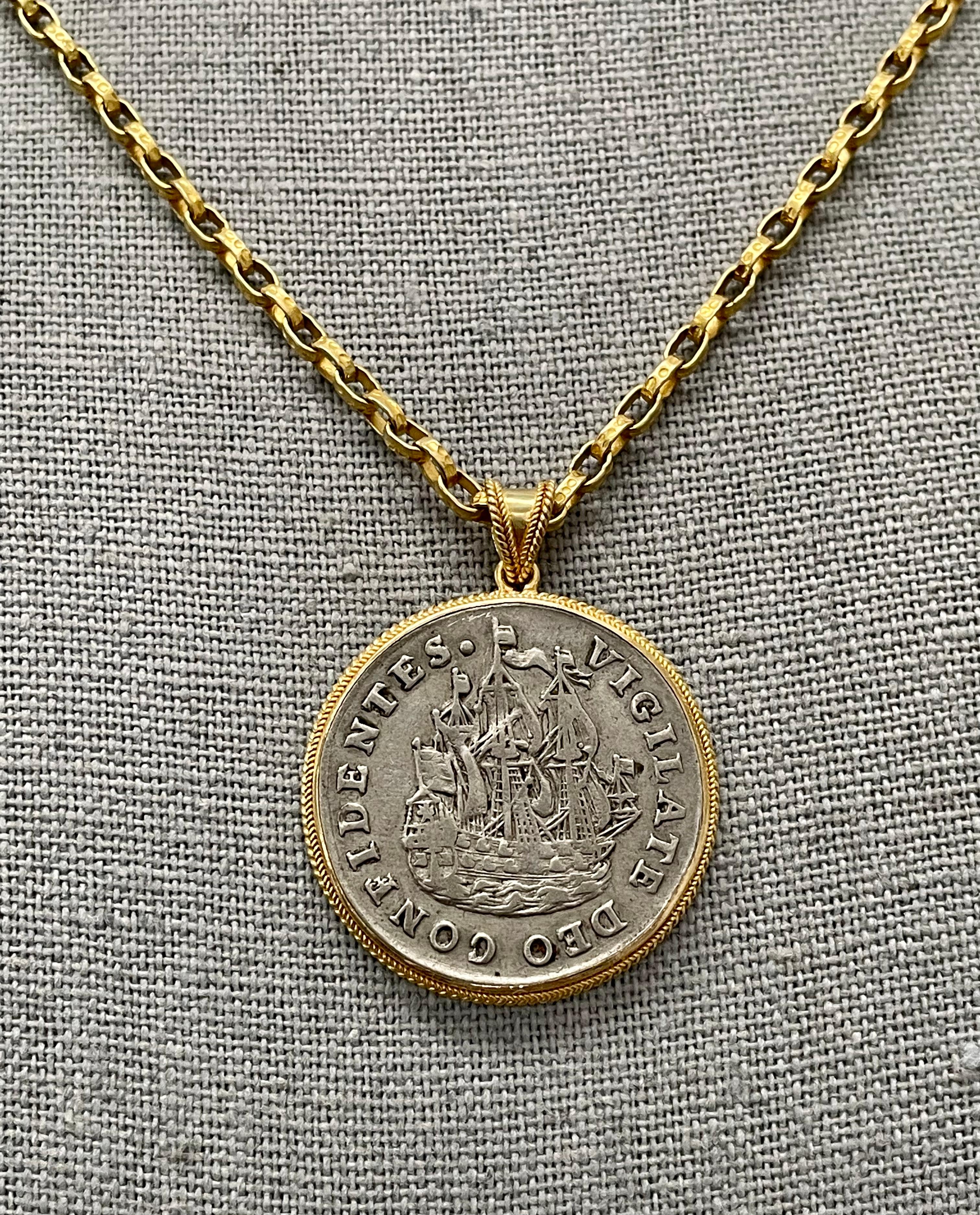 Netherlands 1736 Sailing Ship Coin 18K Gold Pendant For Sale 3