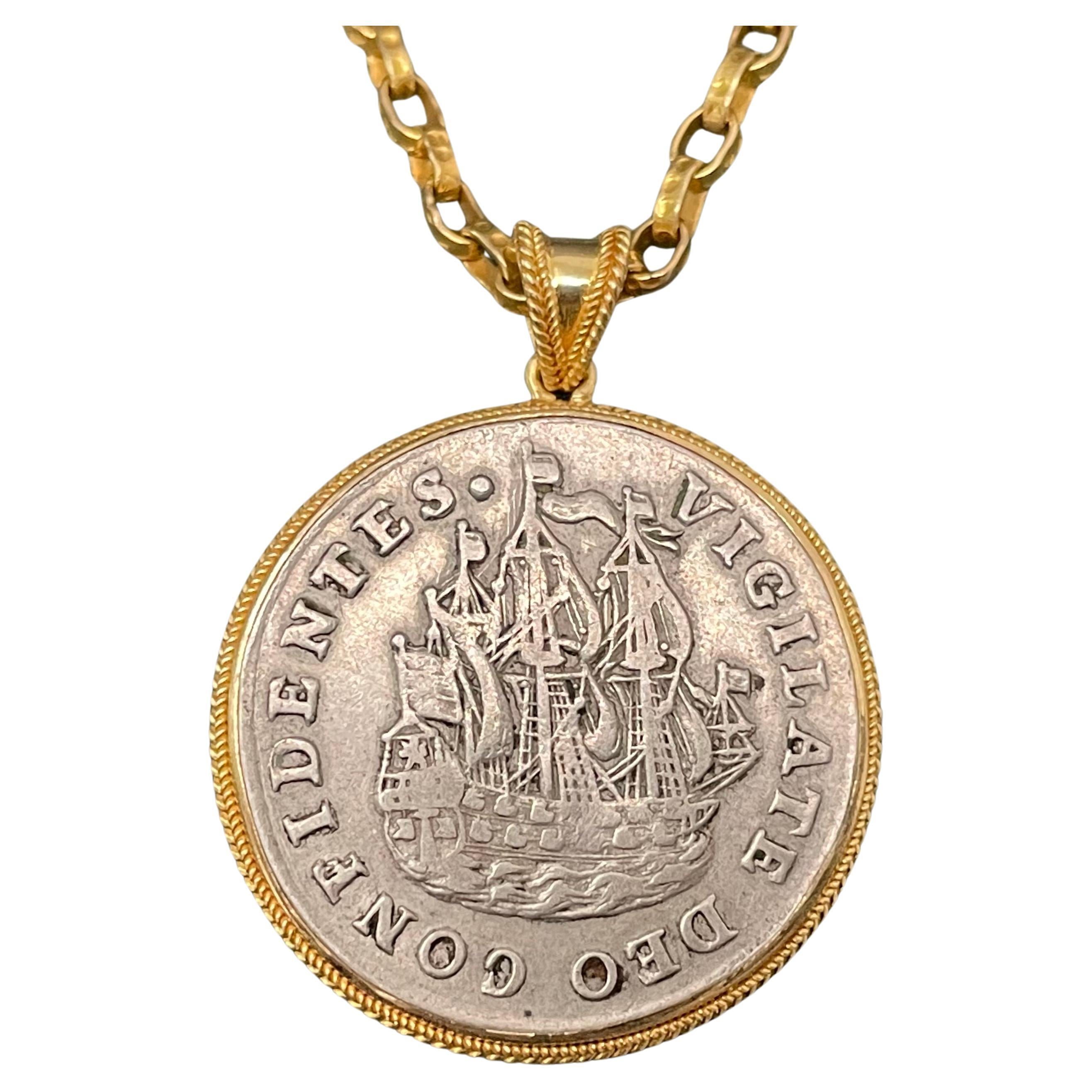 Netherlands 1736 Sailing Ship Coin 18K Gold Pendant For Sale