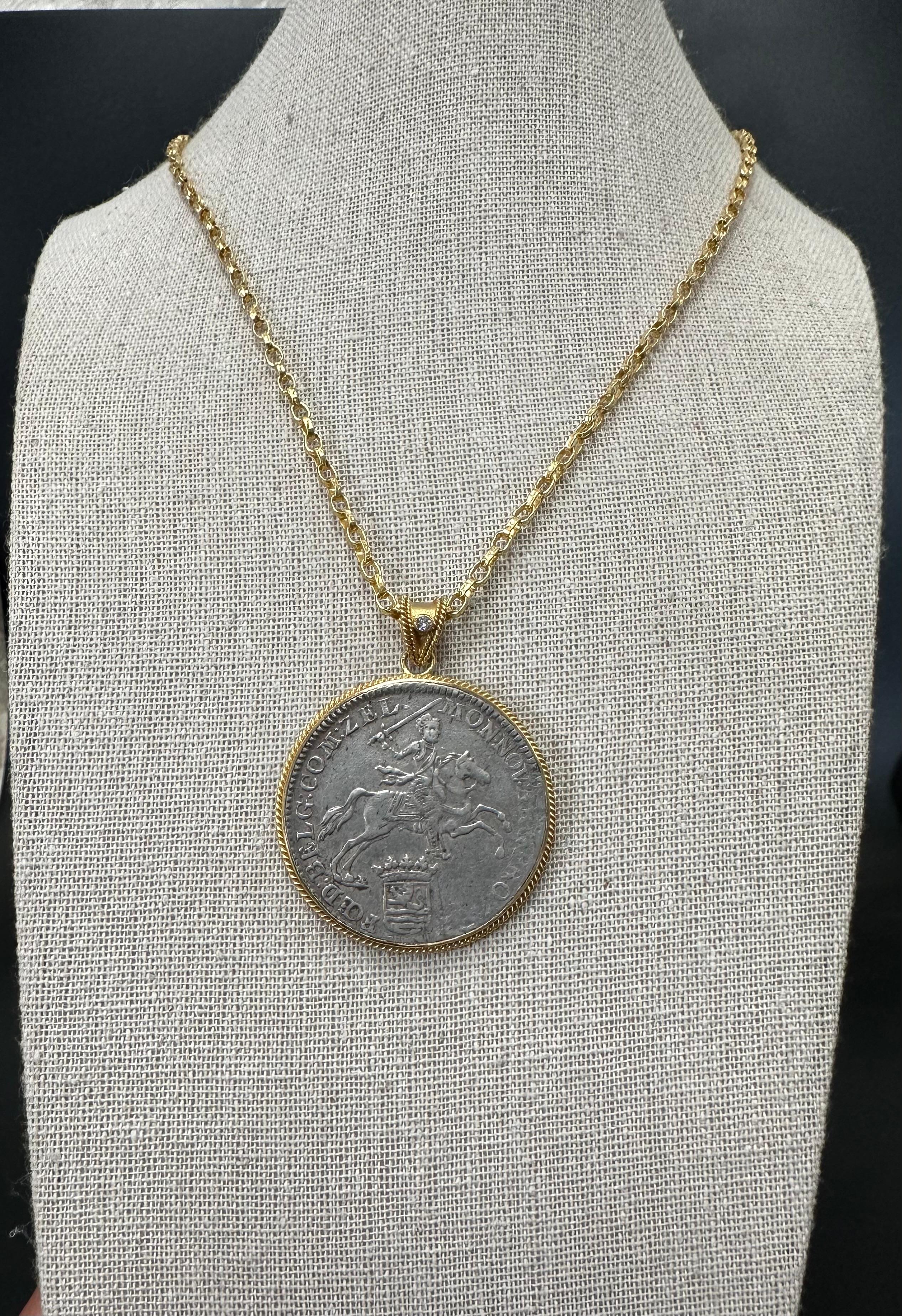 Netherlands 1792 Ducaton Knight On Horseback Coin Diamond 18K Gold Pendant For Sale 4