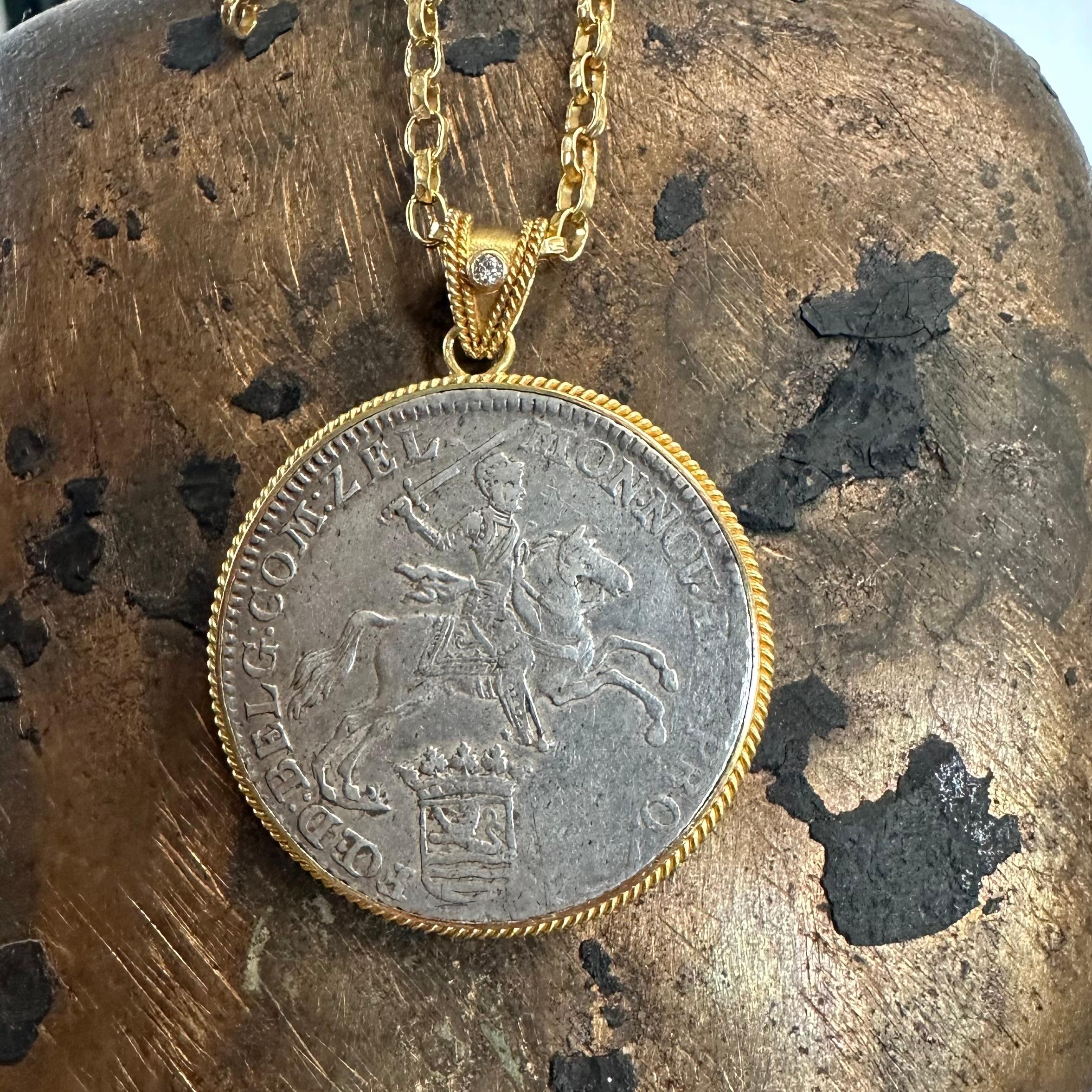 Netherlands 1792 Ducaton Knight On Horseback Coin Diamond 18K Gold Pendant For Sale 6