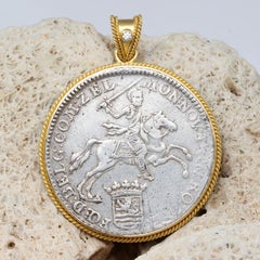 Netherlands 1792 Ducaton Knight On Horseback Coin Diamond 18K Gold Pendant