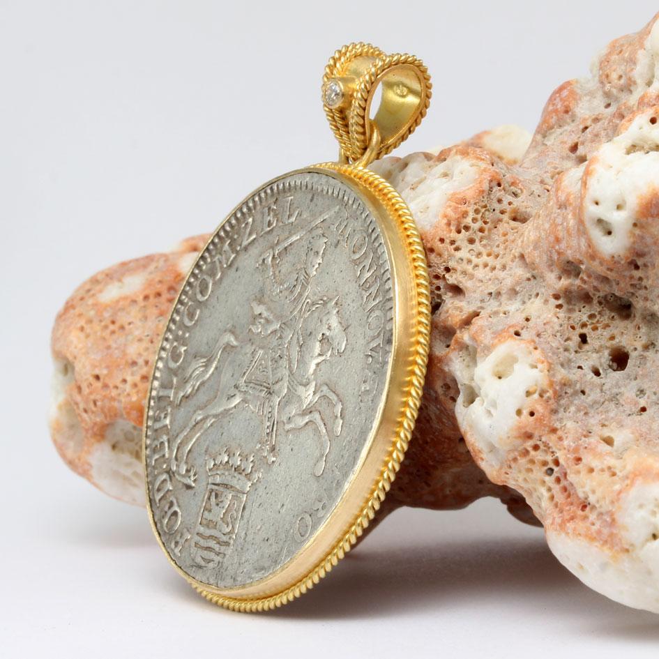 Contemporary Netherlands 1792 Ducaton Knight On Horseback Coin Diamond 18K Gold Pendant For Sale