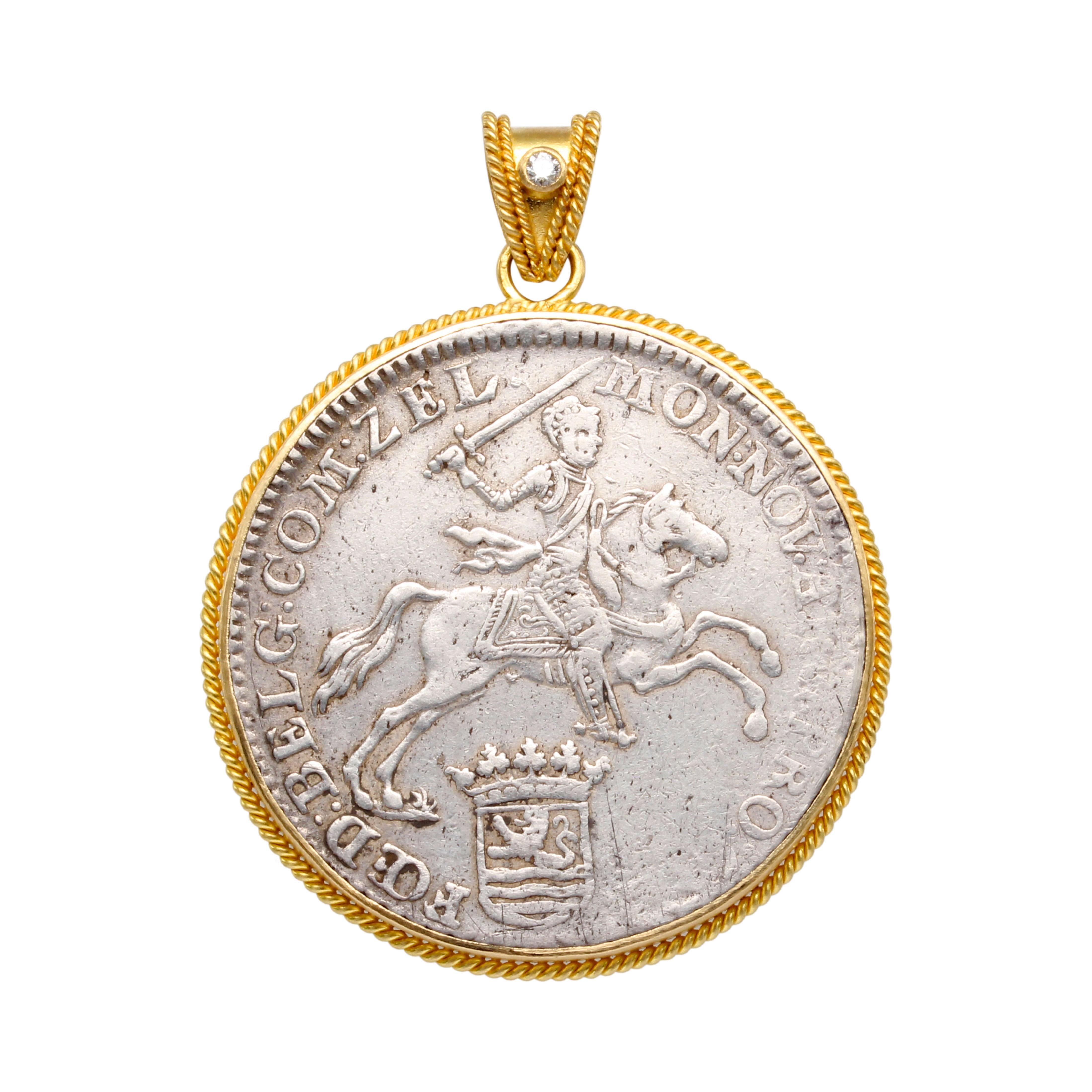 Rose Cut Netherlands 1792 Ducaton Knight On Horseback Coin Diamond 18K Gold Pendant For Sale