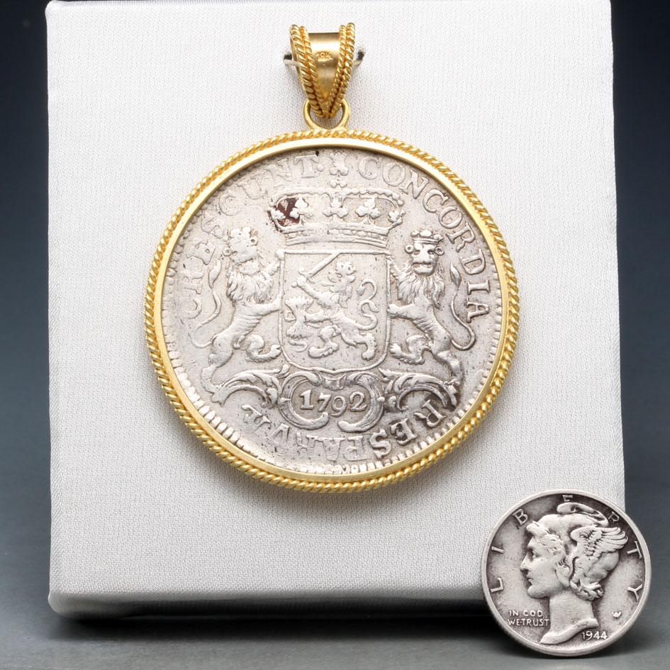 Women's or Men's Netherlands 1792 Ducaton Knight On Horseback Coin Diamond 18K Gold Pendant For Sale