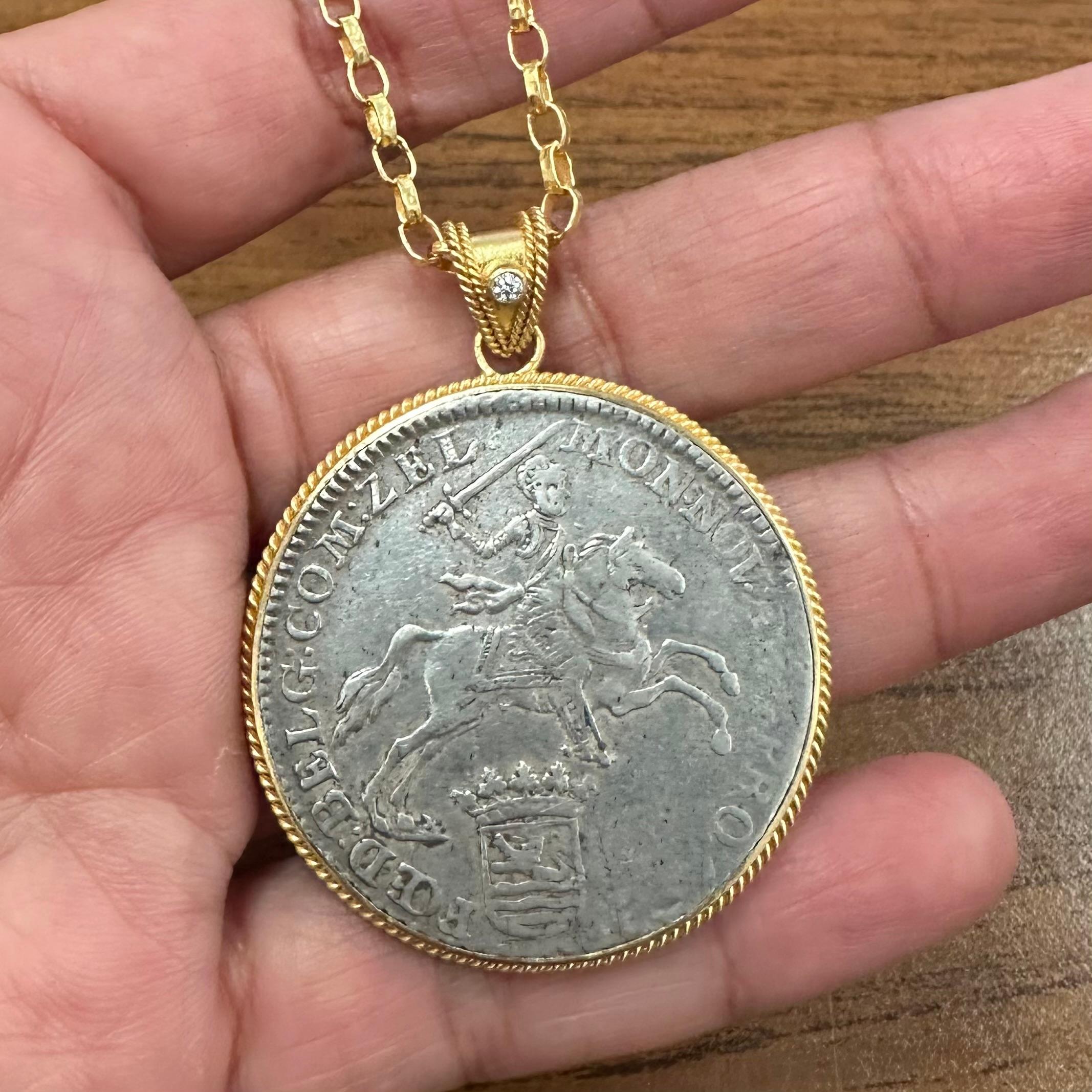 Netherlands 1792 Ducaton Knight On Horseback Coin Diamond 18K Gold Pendant For Sale 1