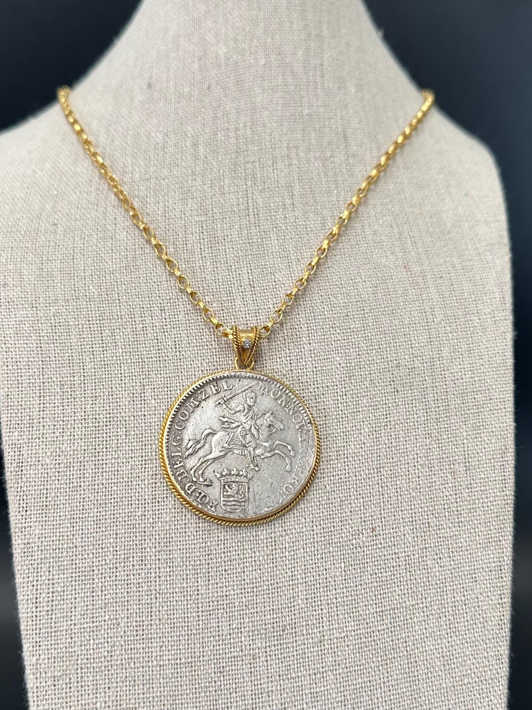 Netherlands 1792 Ducaton Knight On Horseback Coin Diamond 18K Gold Pendant For Sale 2